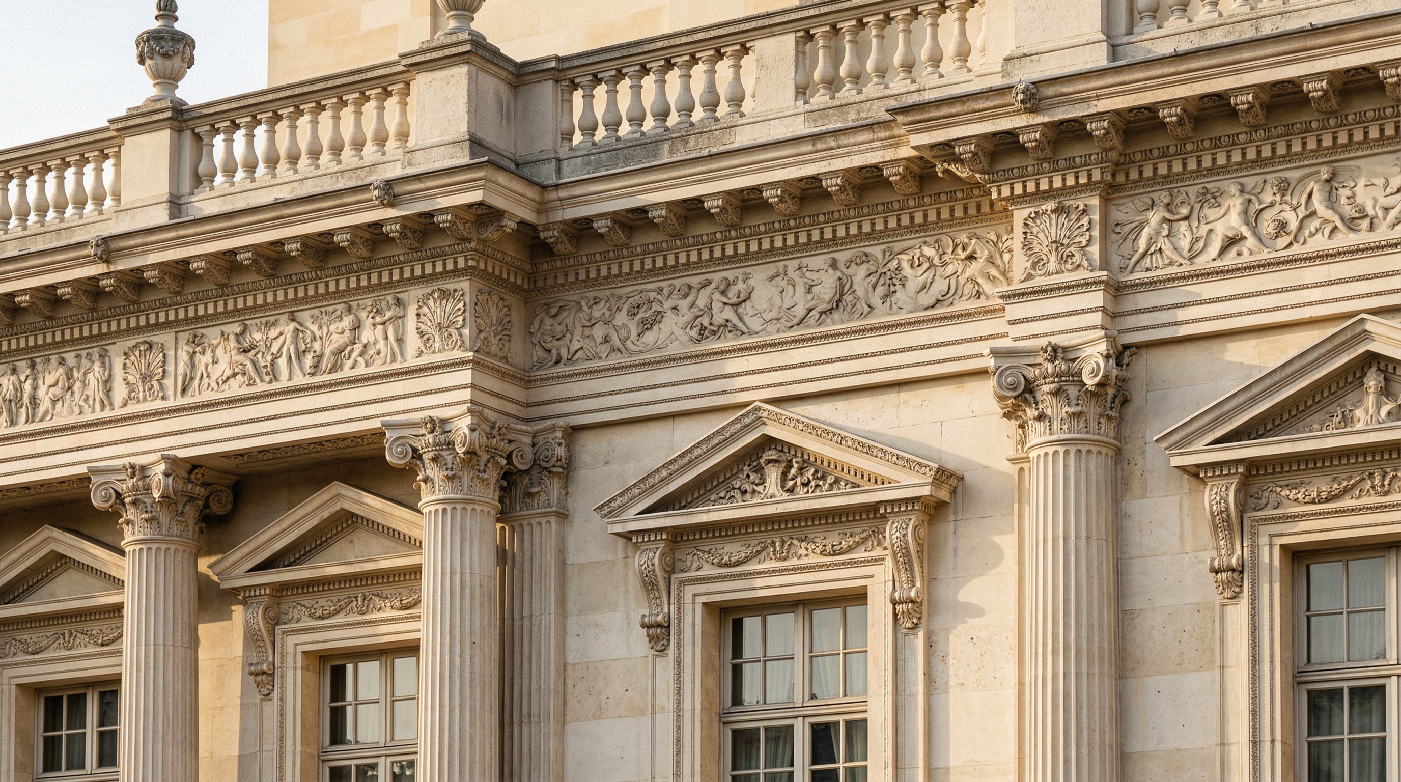 Детали классического фасада: колонны с капителями, карниз, балюстрада, барельеф