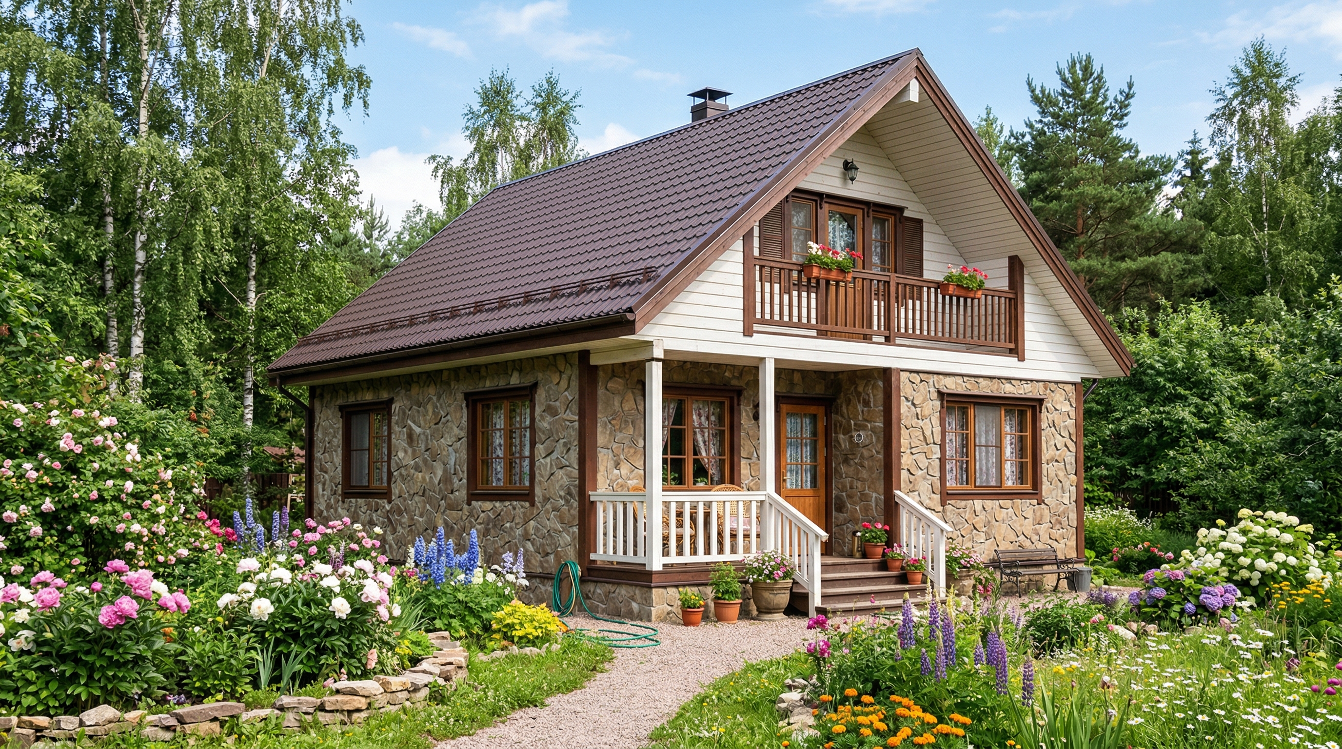 Дачный дом с комбинированной отделкой — каменные панели внизу и белое дерево сверху