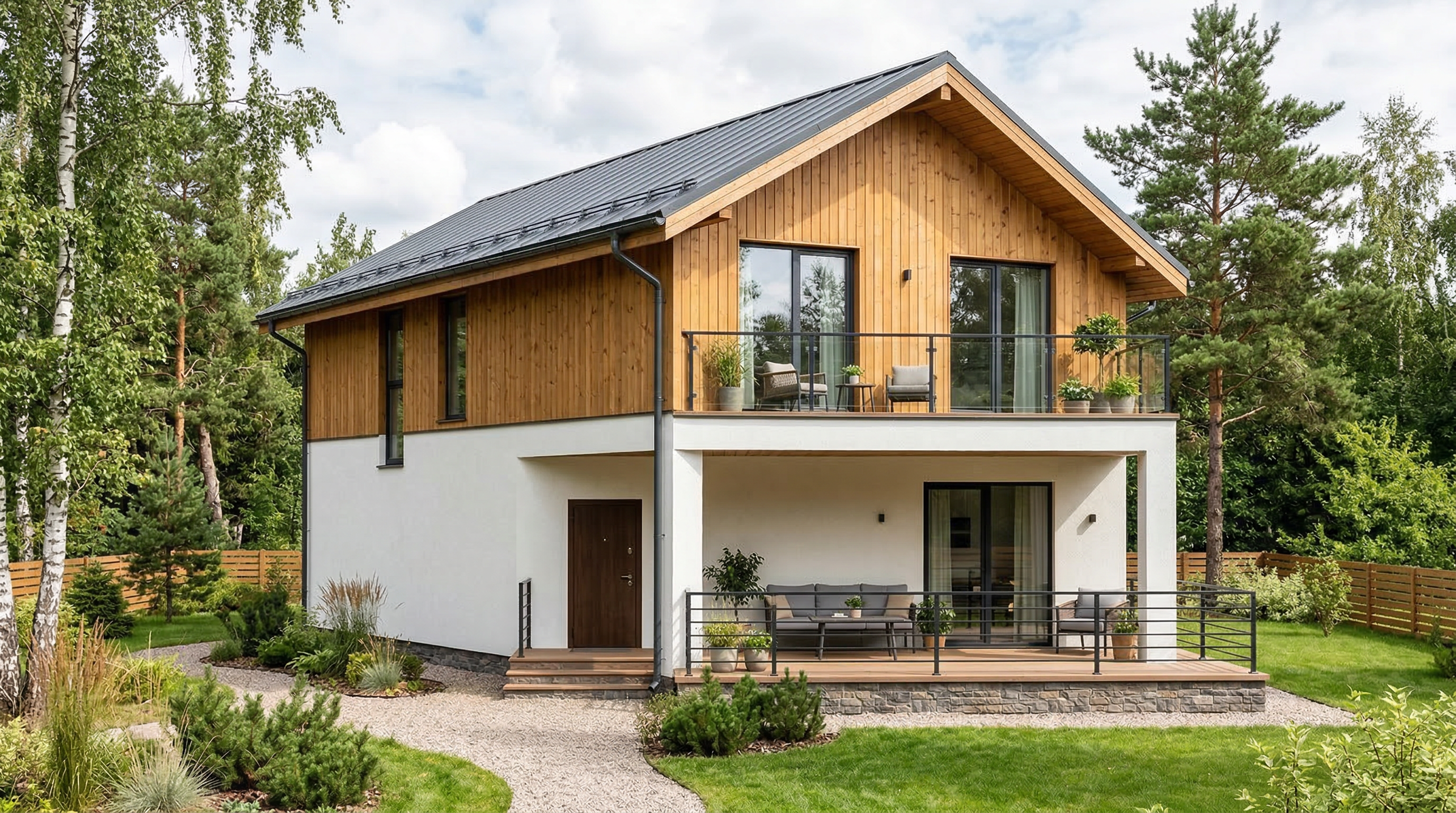 Двухэтажный дом с комбинированным фасадом — штукатурка и натуральное дерево