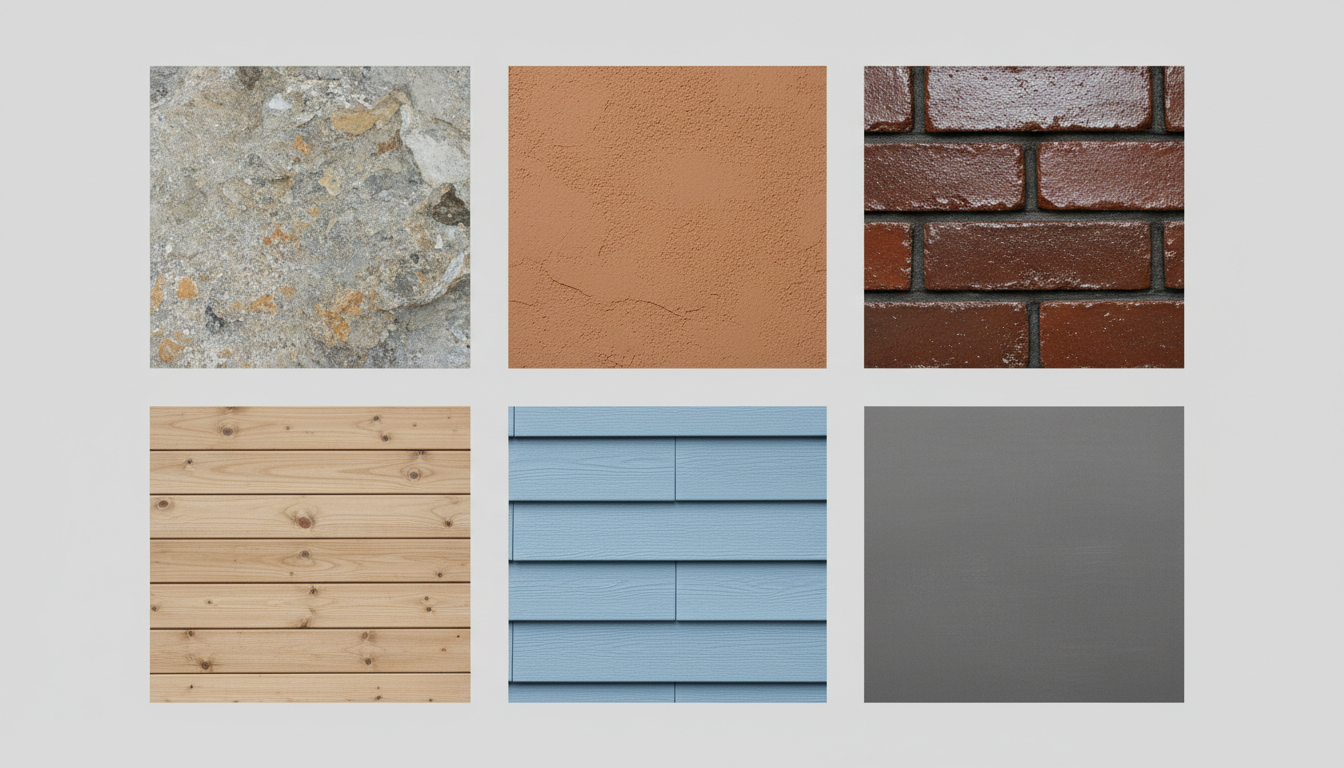 Образцы материалов для отделки фасада: камень, штукатурка, кирпич, дерево, сайдинг, фиброцемент