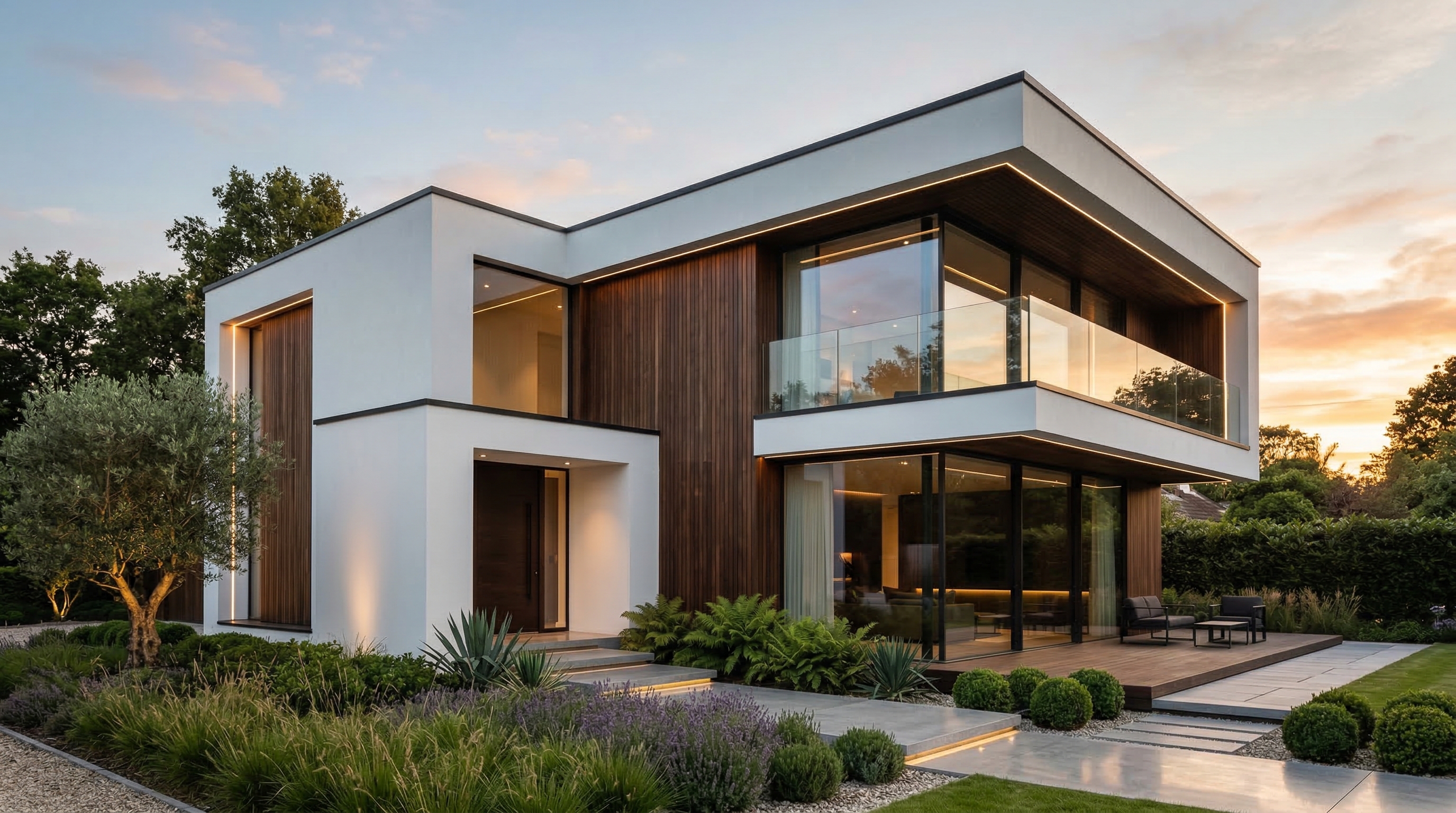 Дом в стиле минимализм — кубическая архитектура с деревянным акцентом и панорамным остеклением