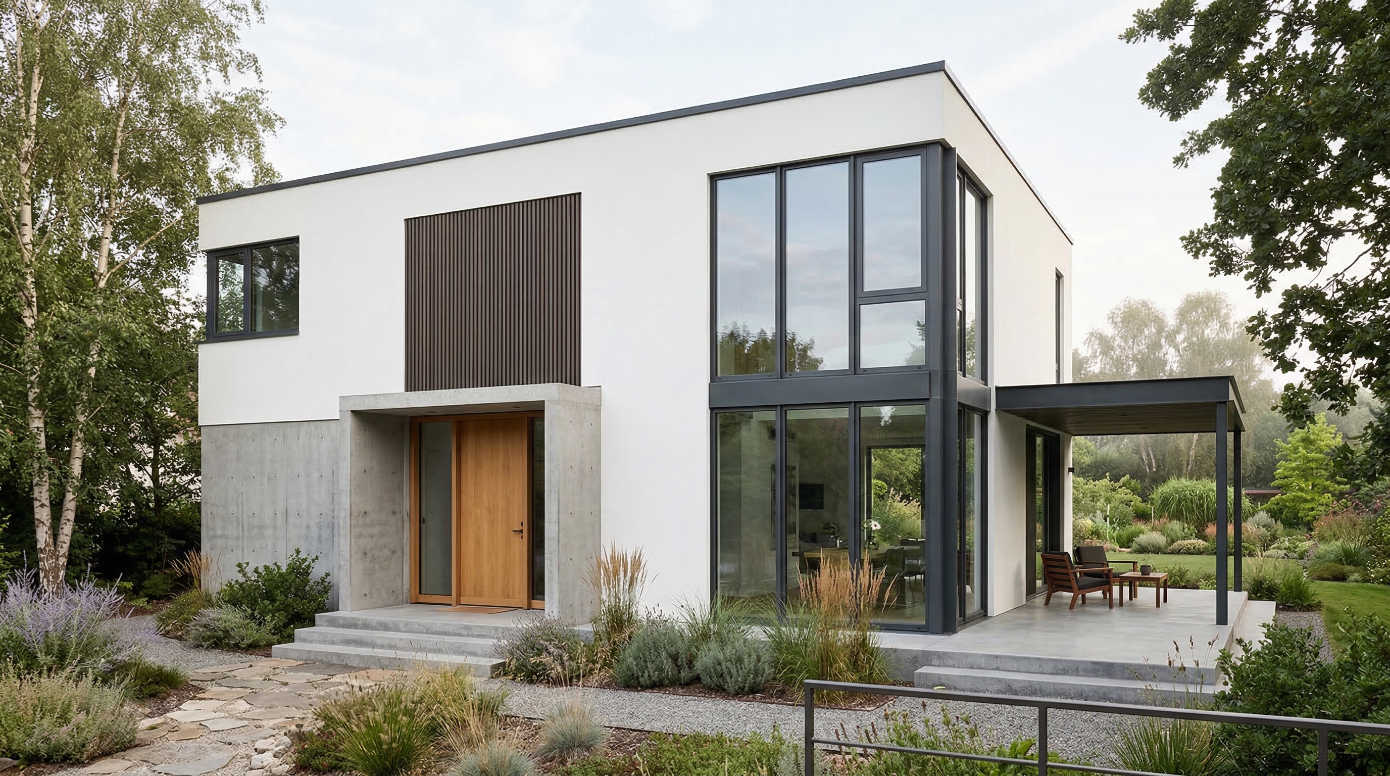 Минималистичный дом с белыми стенами, серым бетонным основанием и тёмными рамами окон