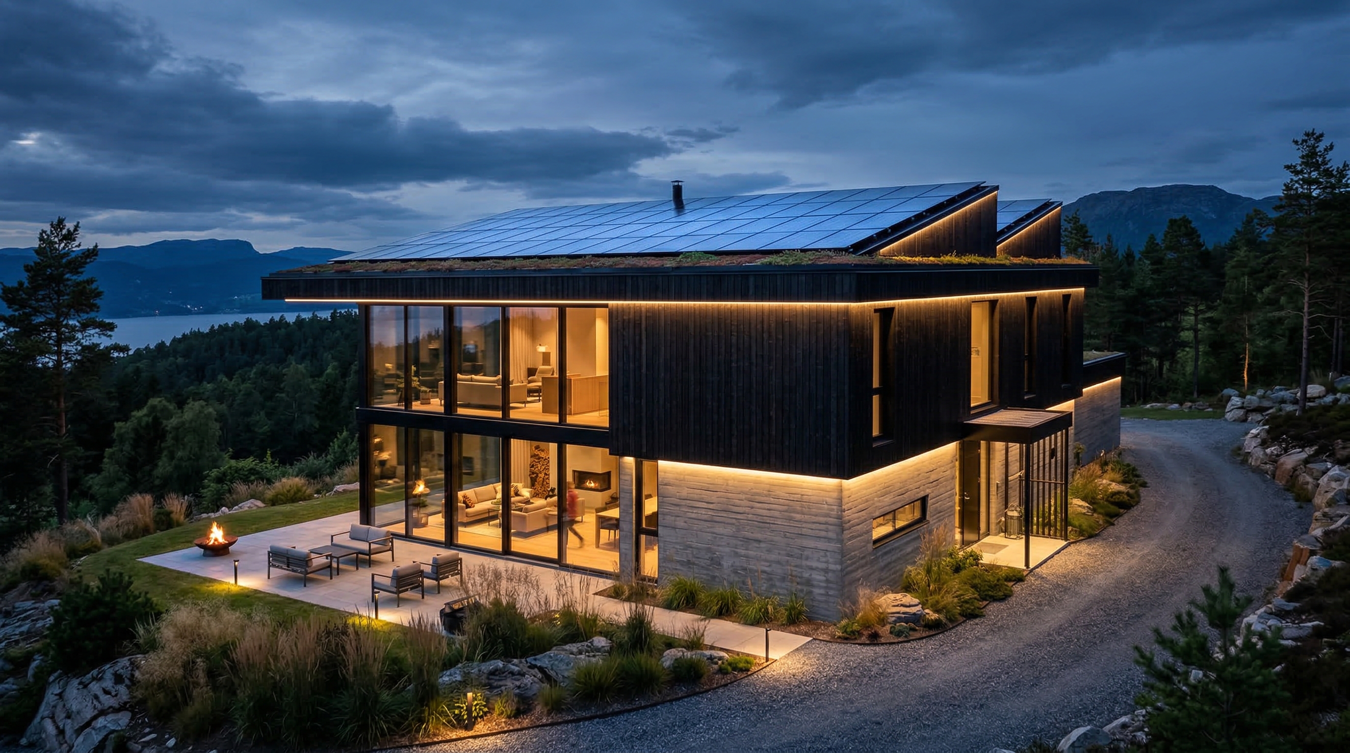 Современный энергоэффективный дом с солнечными панелями и умной подсветкой