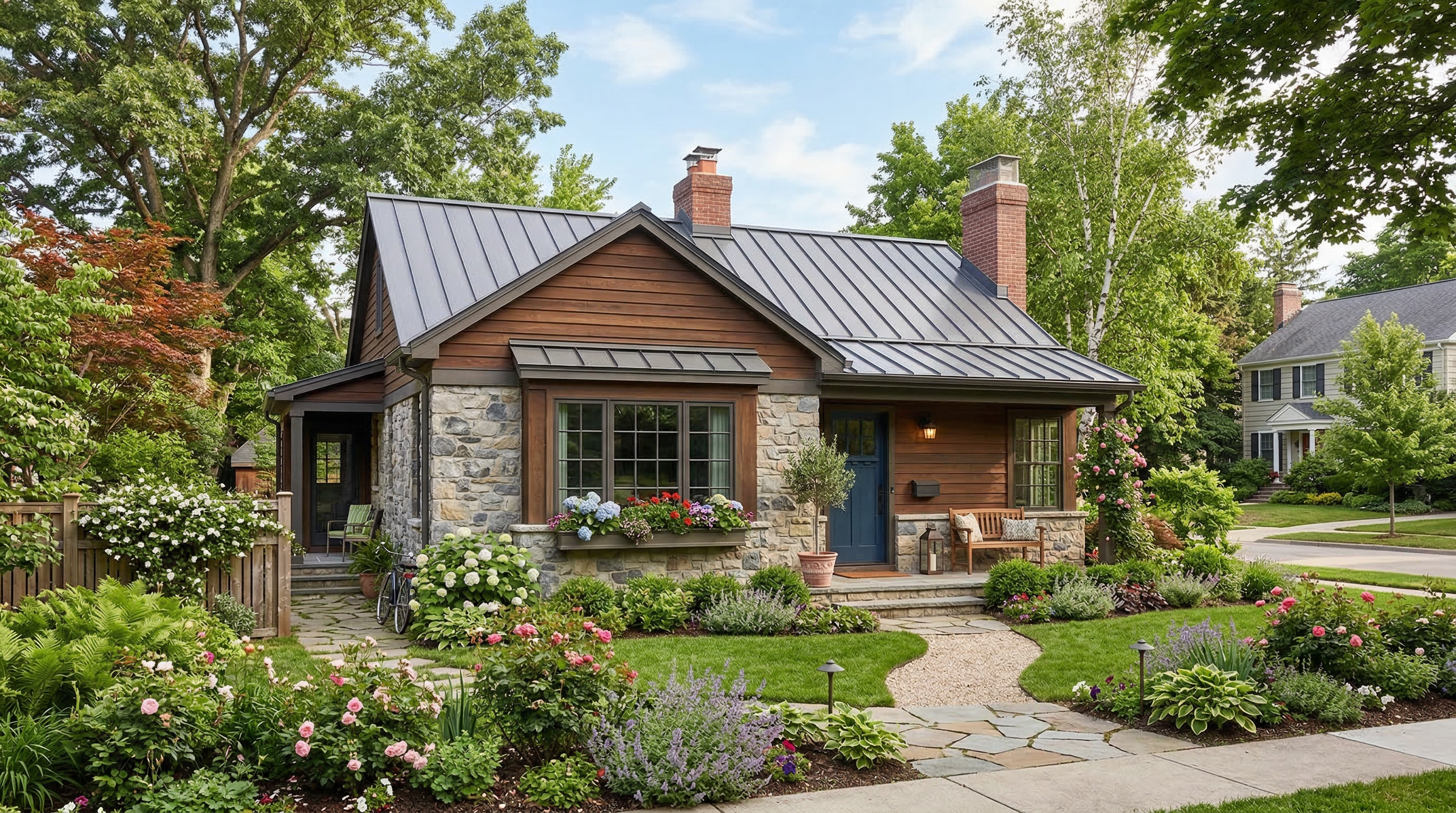 Одноэтажный дом с комбинированным фасадом: камень и дерево