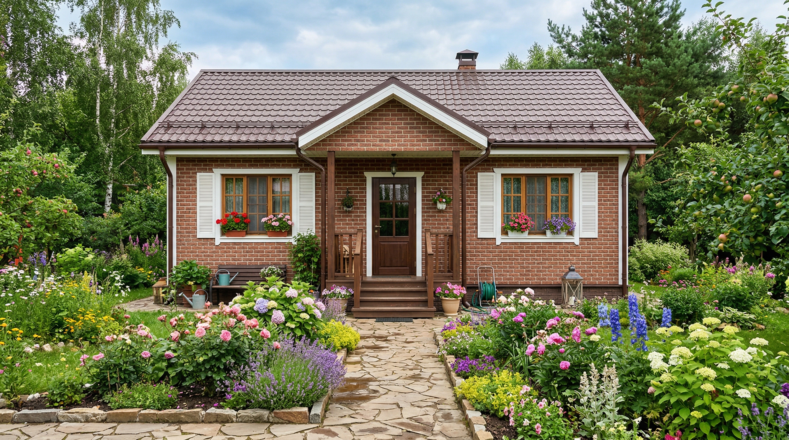 Дачный дом с фасадом из фиброцементных панелей под кирпич