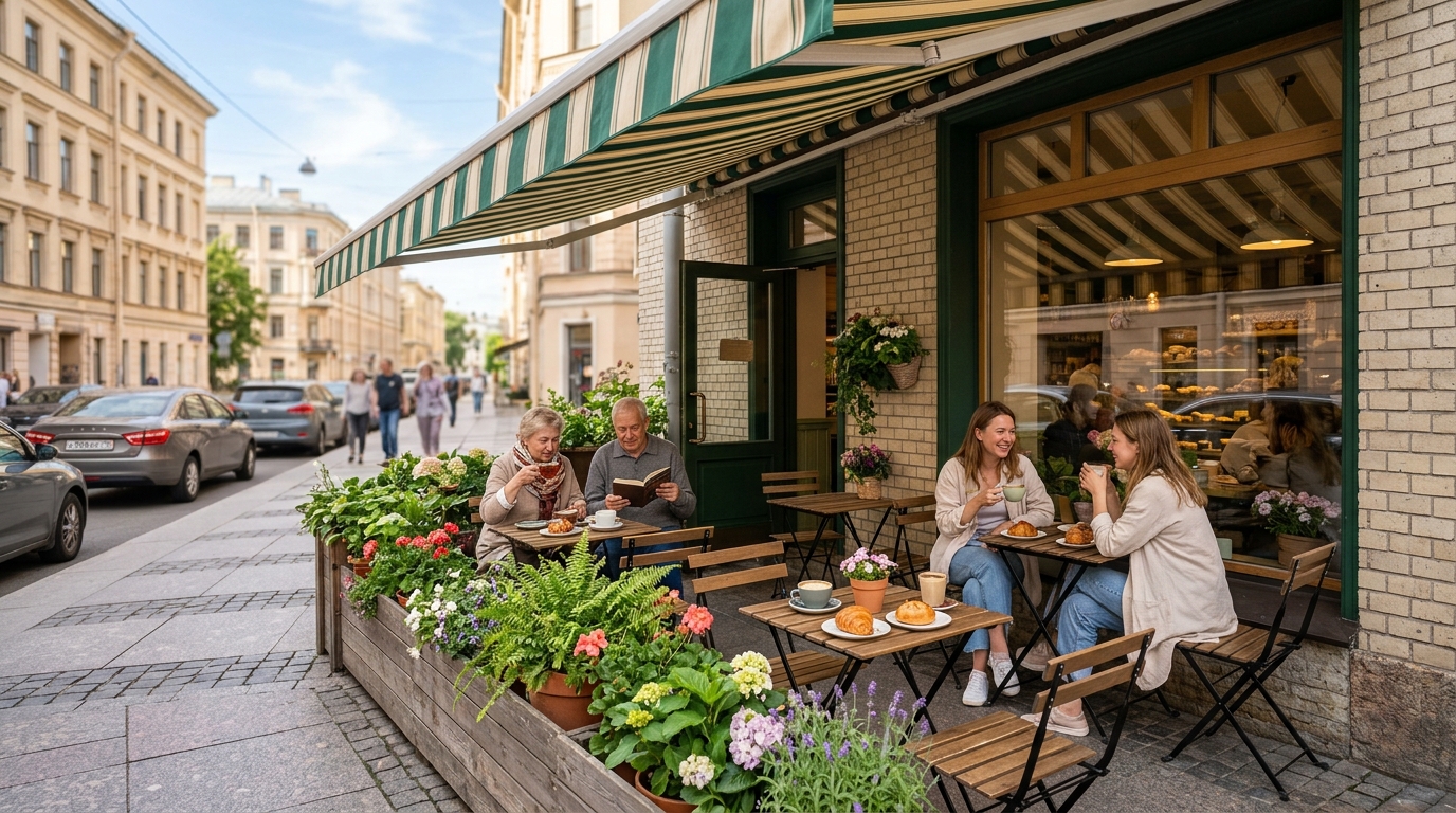 Терраса перед пекарней-кофейней с маркизой, столиками и цветами на тротуаре