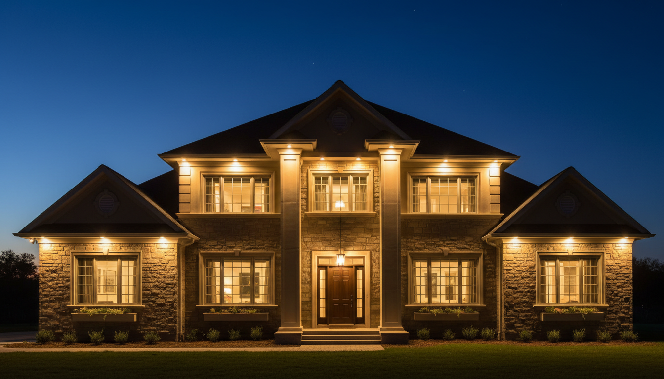 Архитектурная подсветка фасада двухэтажного дома в вечернее время
