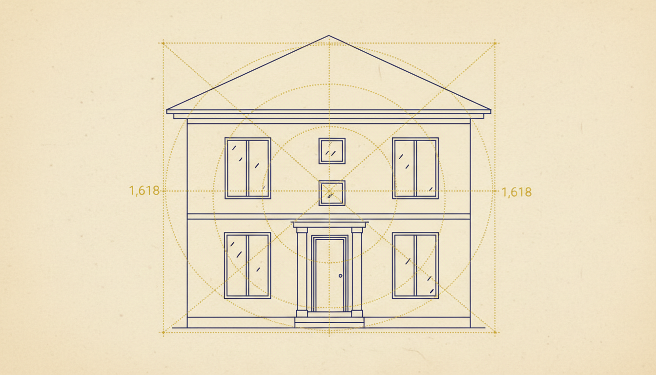 Схема пропорций фасада двухэтажного дома с разметкой золотого сечения