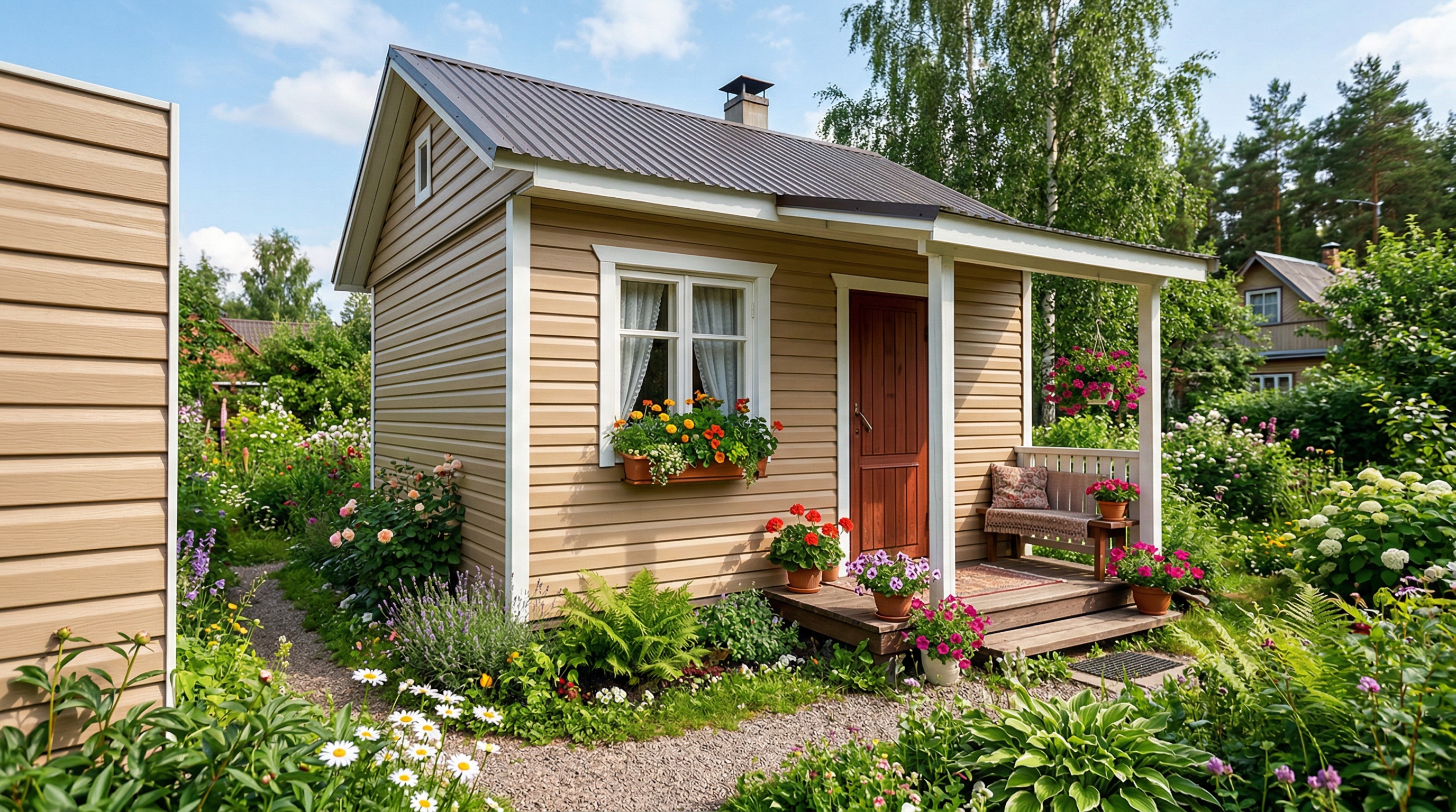 Дачный дом с фасадом из винилового сайдинга бежевого цвета