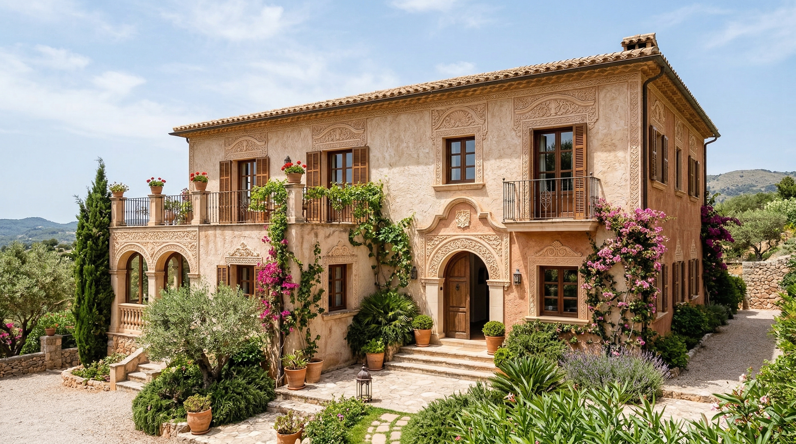 Частный дом с фасадной декоративной штукатуркой в тёплых бежевых тонах