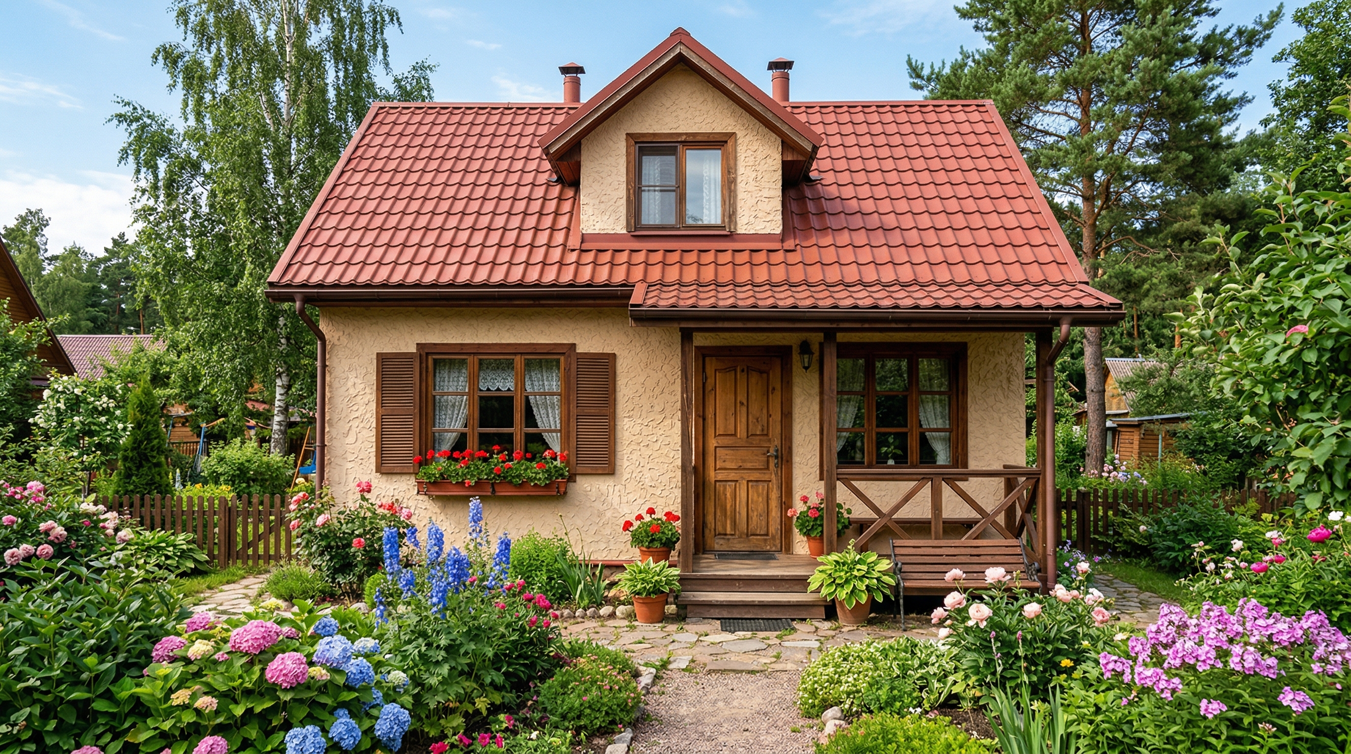 Дачный дом с фасадом из декоративной штукатурки песочного цвета