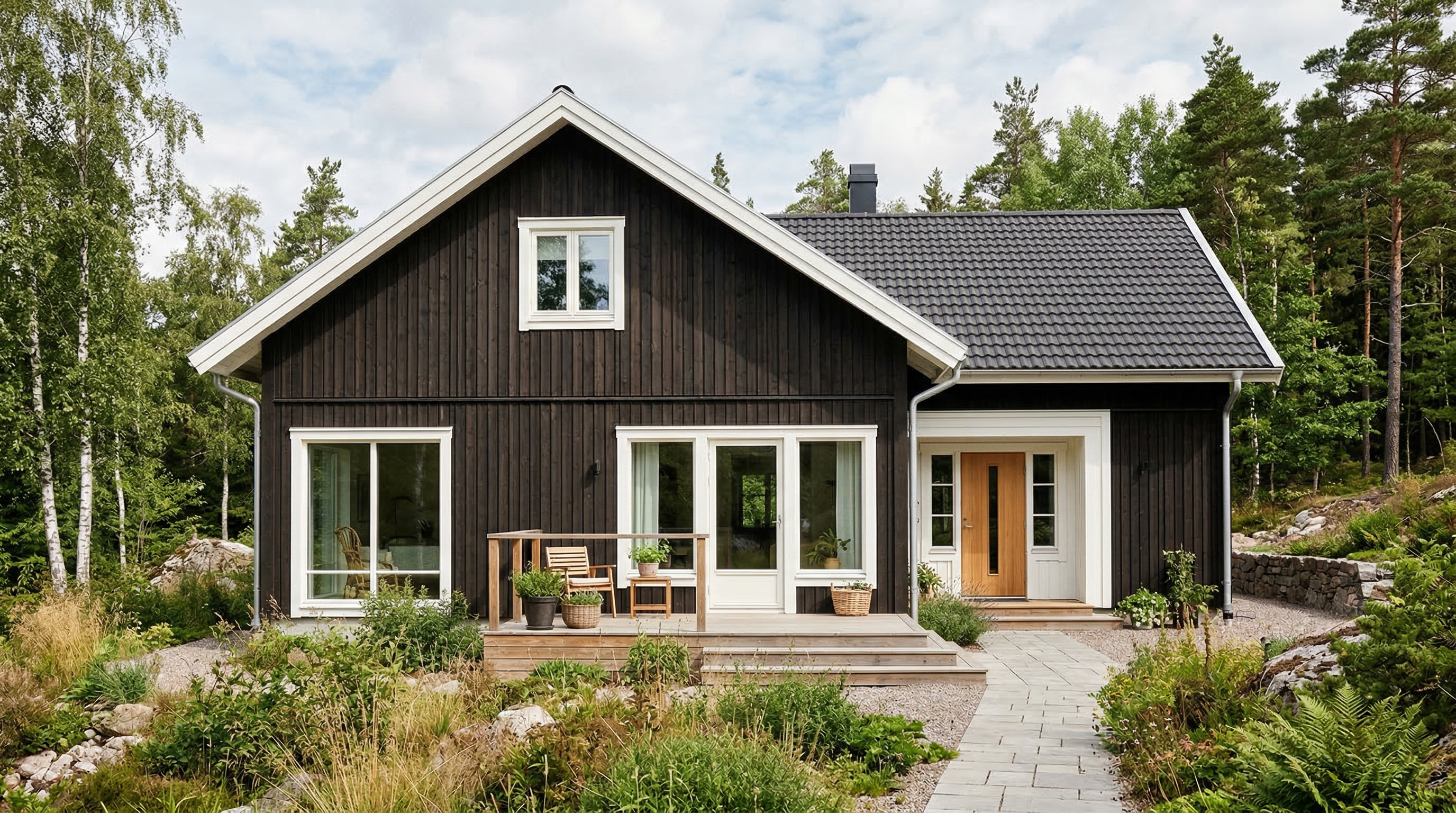 Дом в скандинавском стиле — тёмная деревянная обшивка и белые оконные рамы