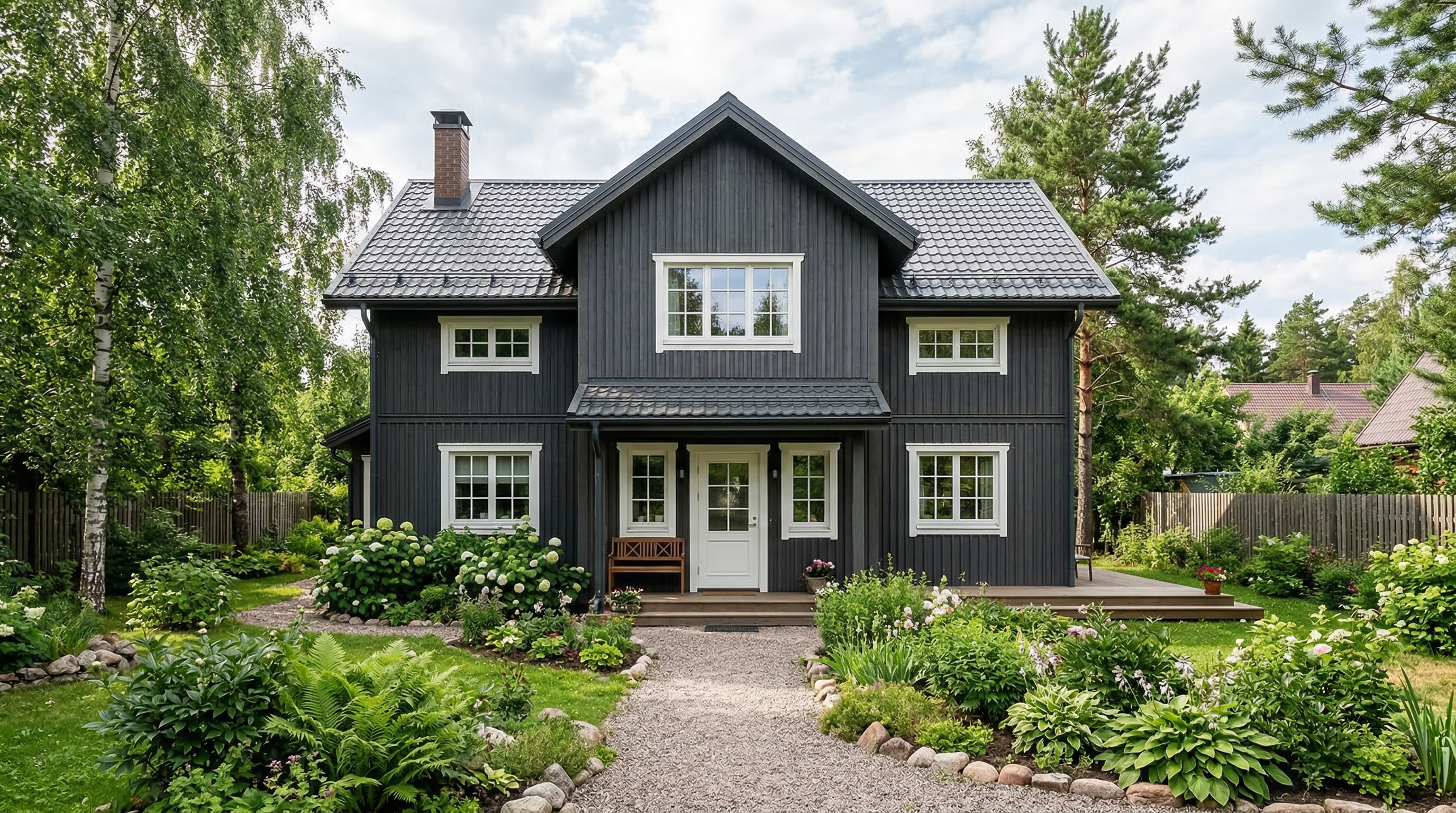 Фасад дома в скандинавском стиле — тёмная деревянная обшивка с белыми оконными рамами