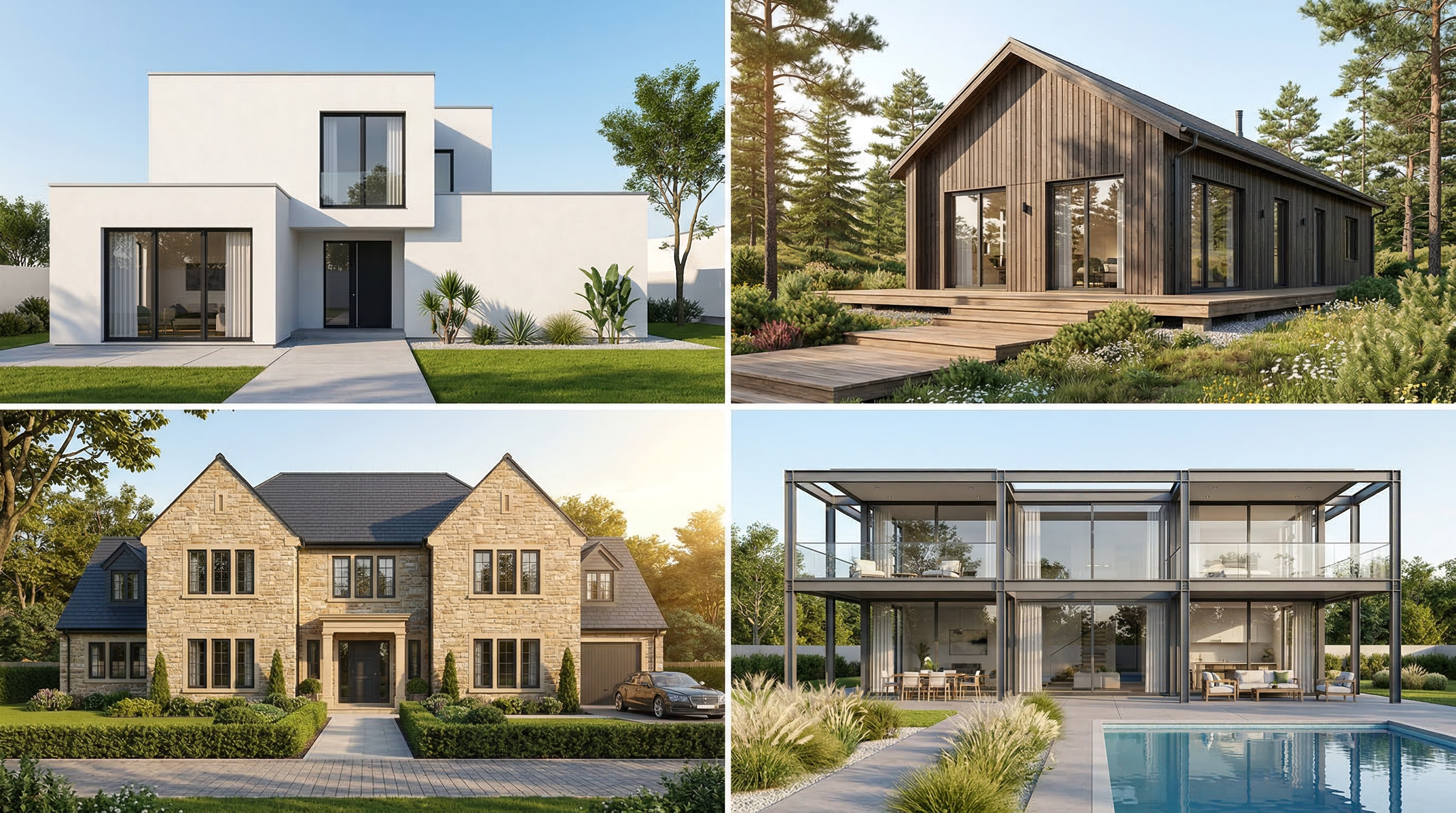 Четыре архитектурных стиля фасадов: минимализм, сканди, классика и хай-тек