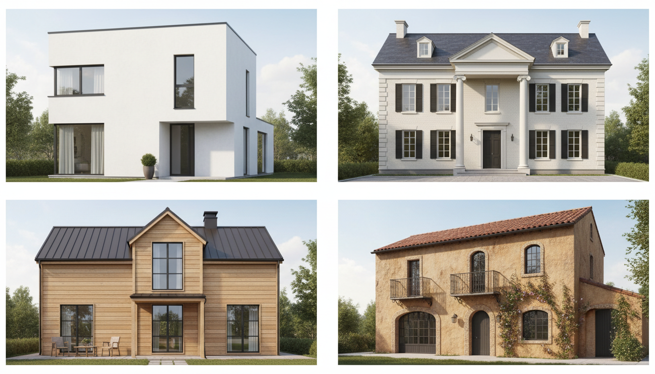 Сравнение четырёх популярных стилей фасадов: минимализм, классика, сканди, средиземноморский