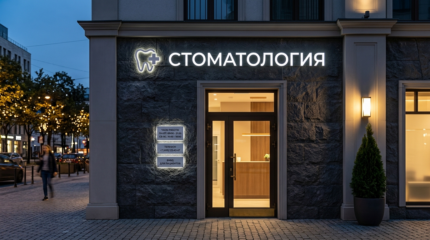 Аккуратная световая вывеска стоматологии и информационные таблички у входа
