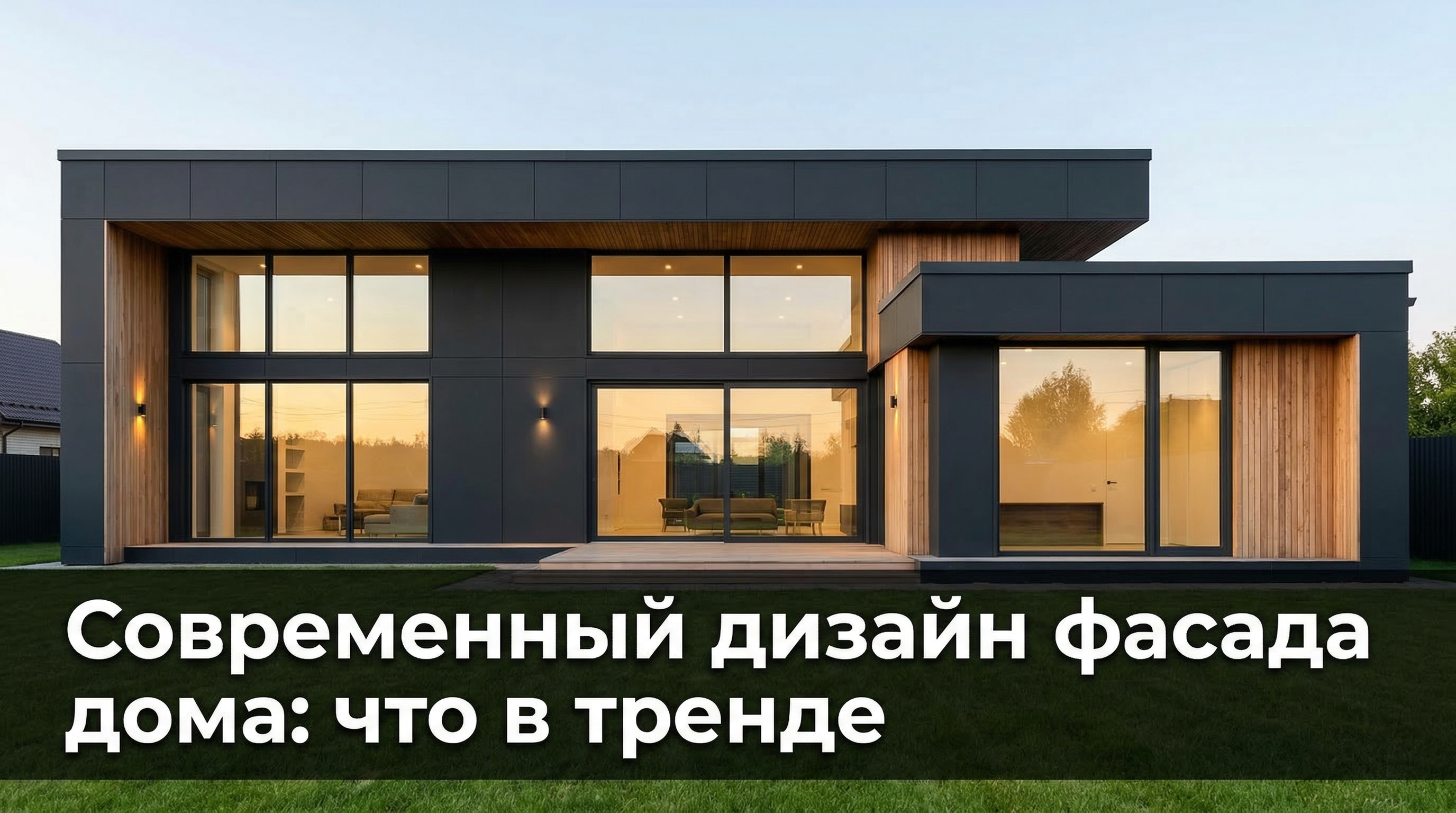 Современный дизайн фасада дома с тёмной отделкой, деревянными акцентами и панорамными окнами
