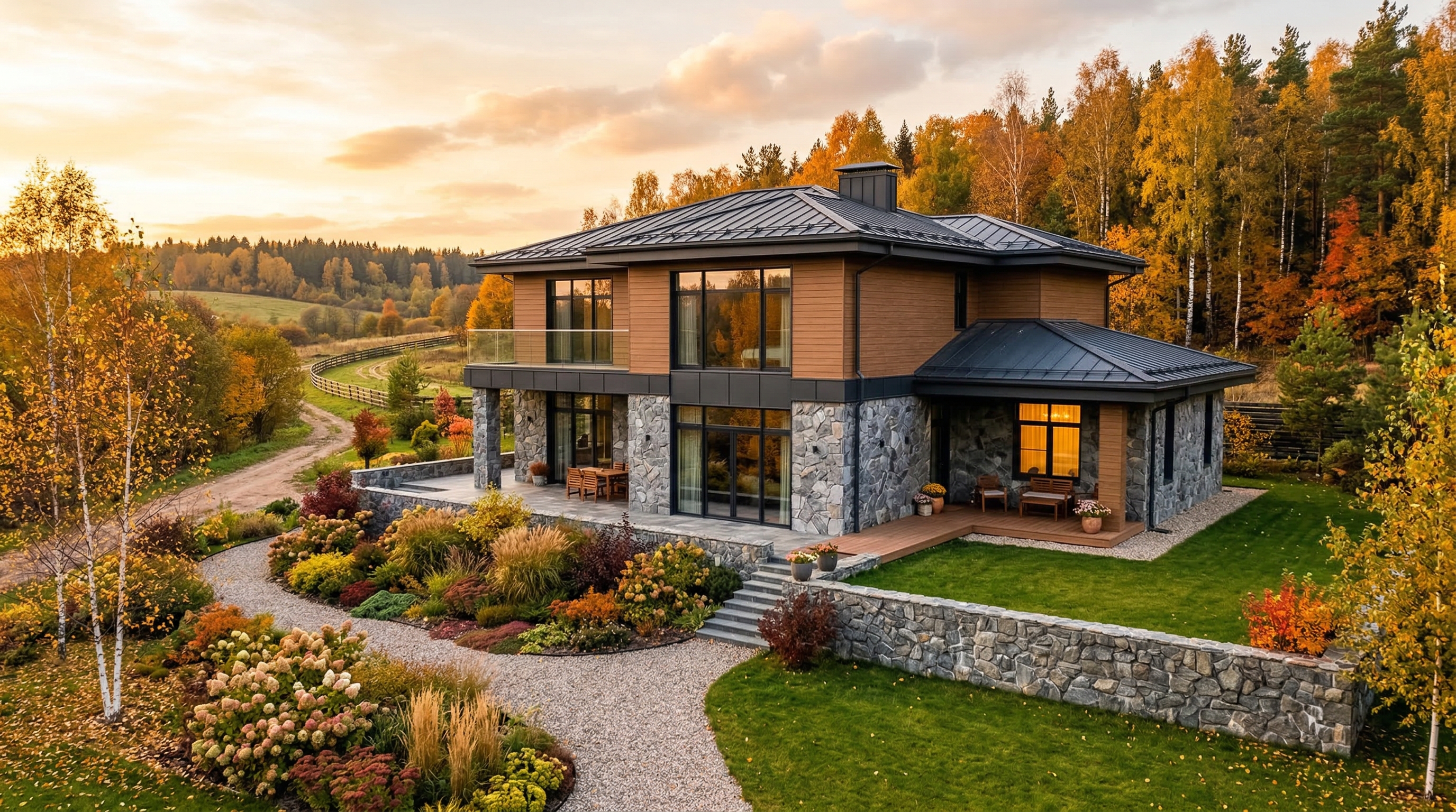 Современный загородный дом с комбинированной отделкой фасада: камень и дерево, панорамные окна, осенний пейзаж