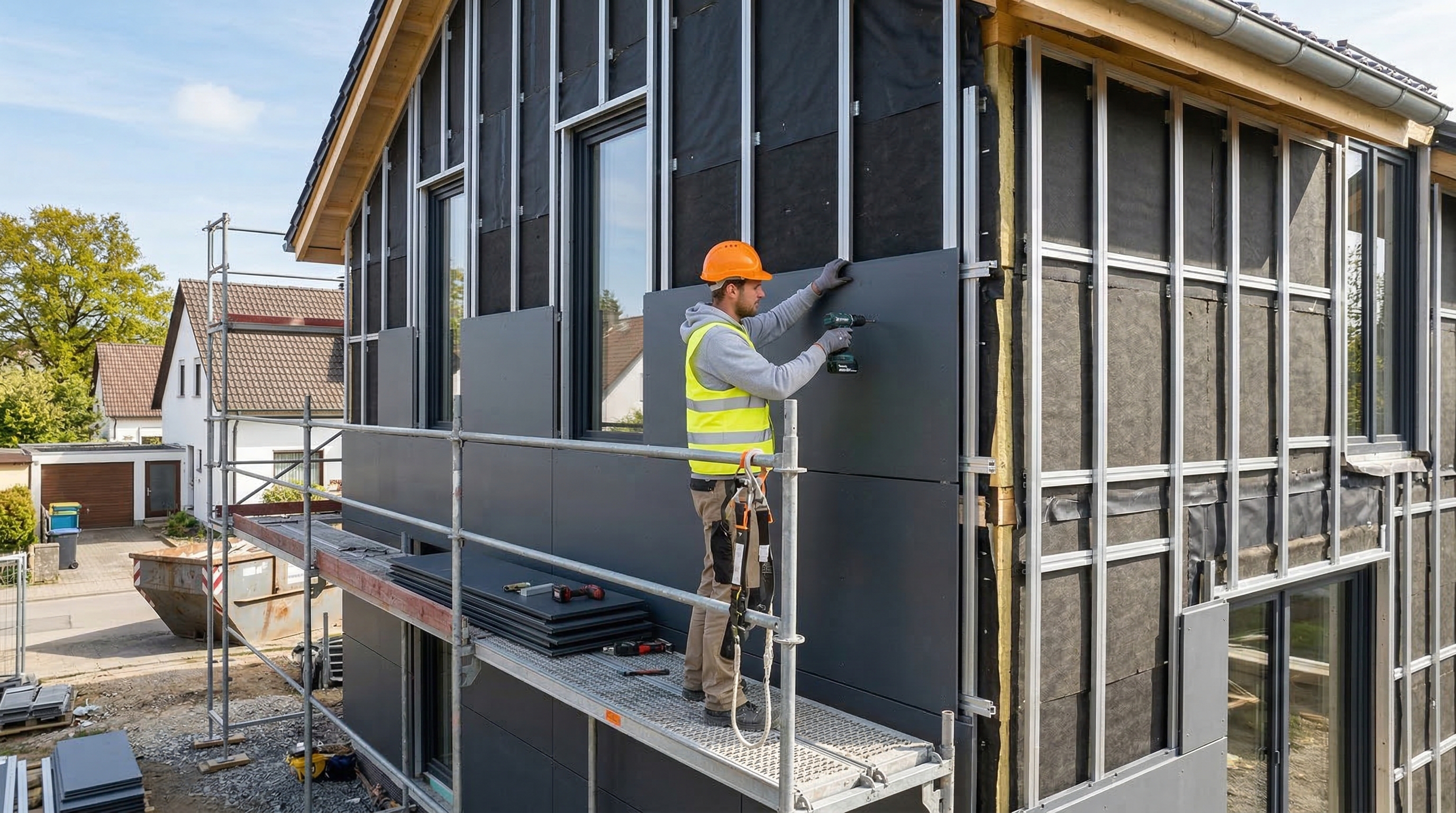 Монтаж фасадных панелей на металлическую обрешётку — рабочий устанавливает панель, видна система вентилируемого фасада