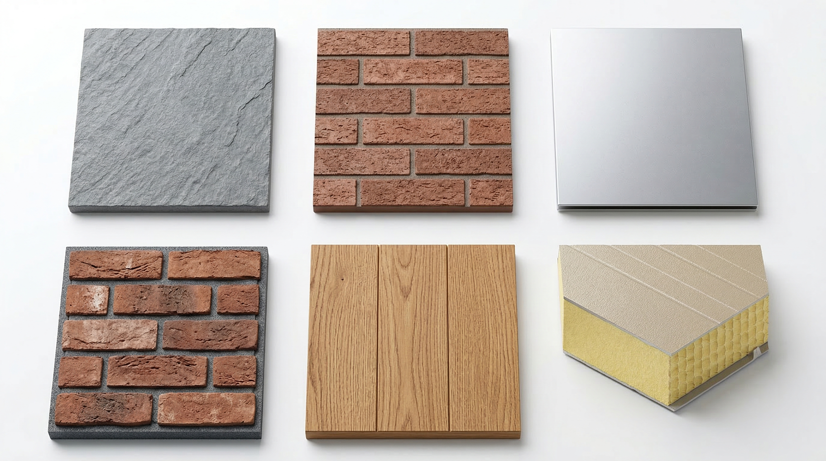 Шесть основных типов фасадных панелей: фиброцемент, ПВХ под кирпич, металл, клинкер, дерево, сэндвич-панель в разрезе