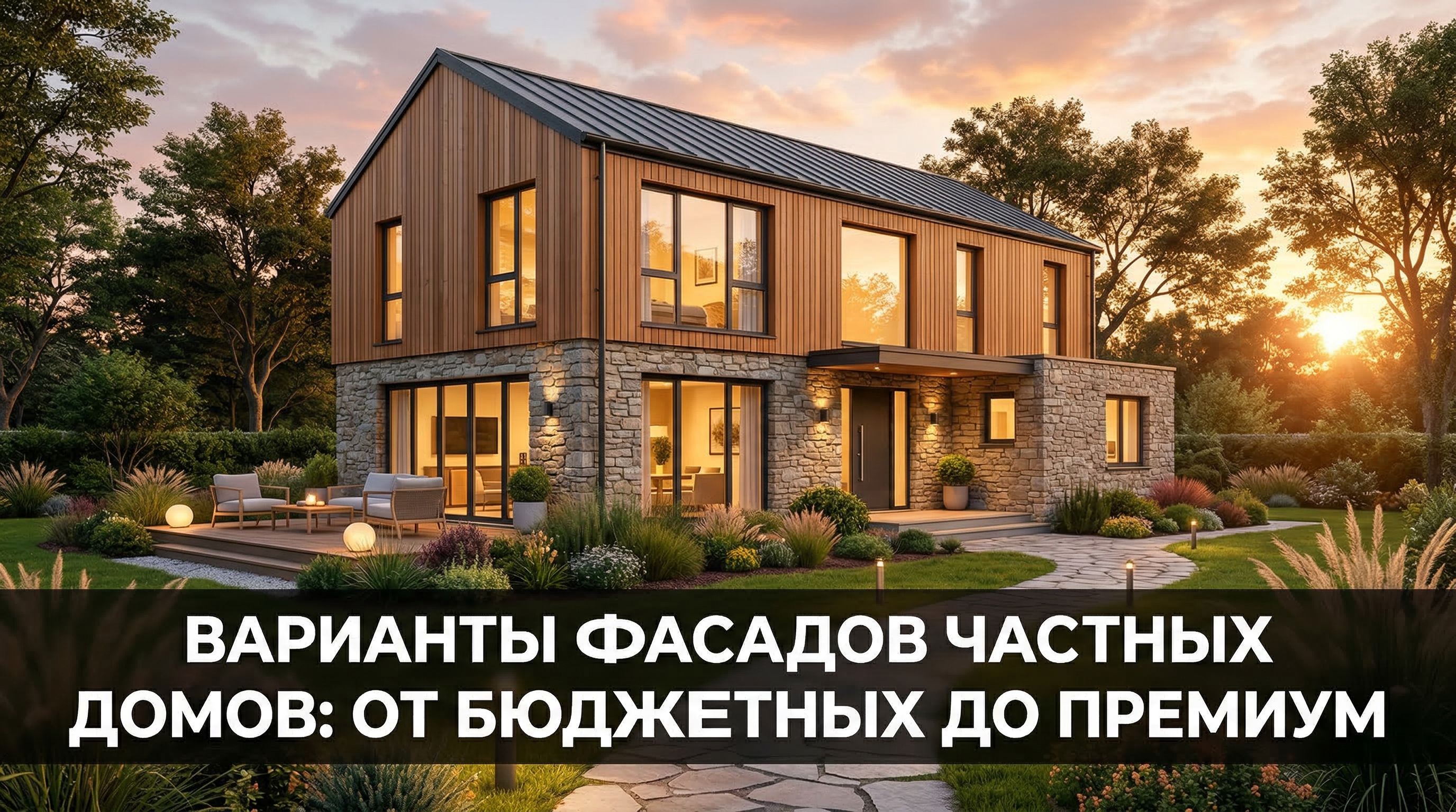Варианты фасадов частных домов — современный дом с комбинированной отделкой камнем и деревом