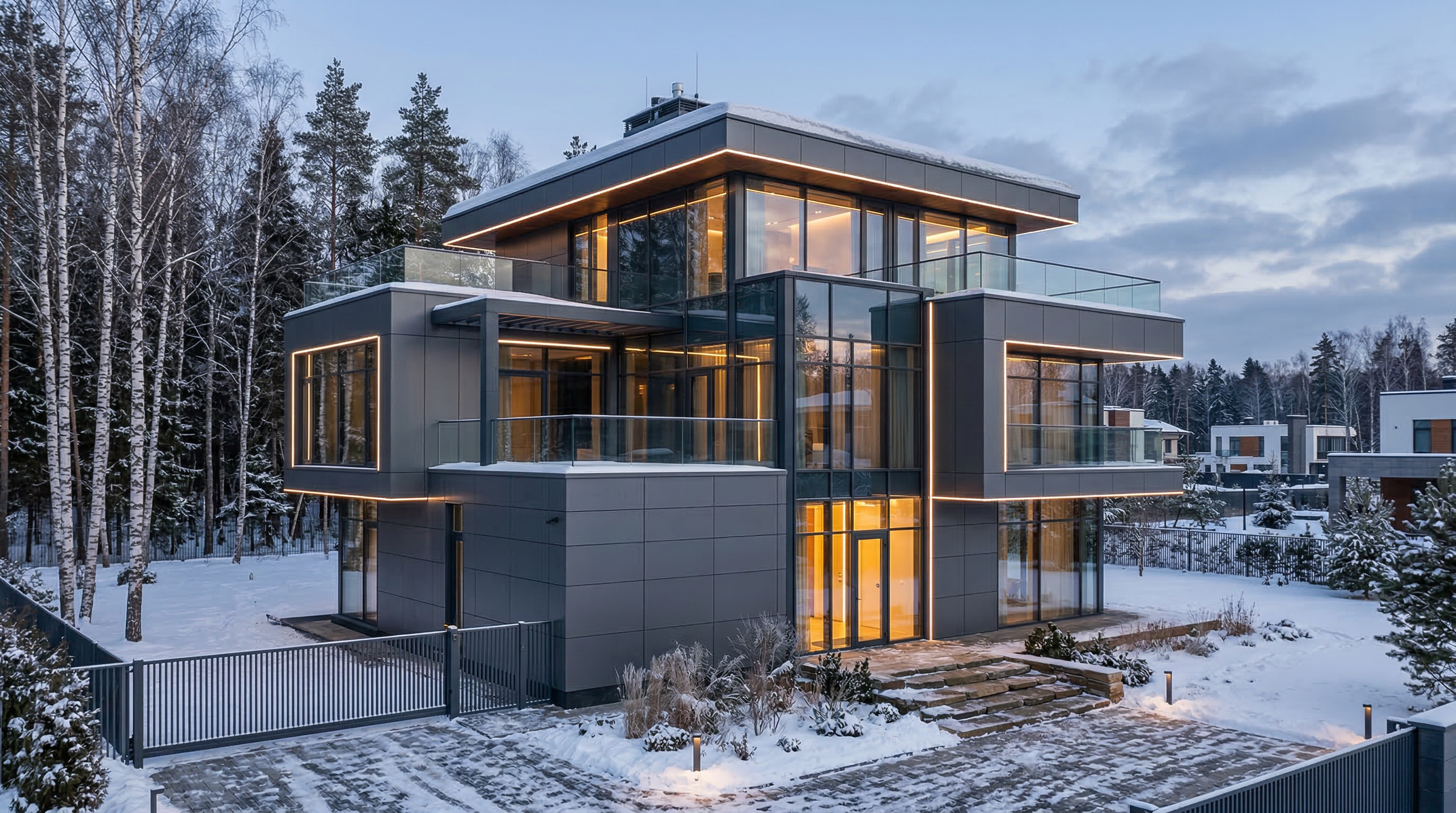 Дом в стиле хай-тек — стекло, металл, кубические формы, подсветка