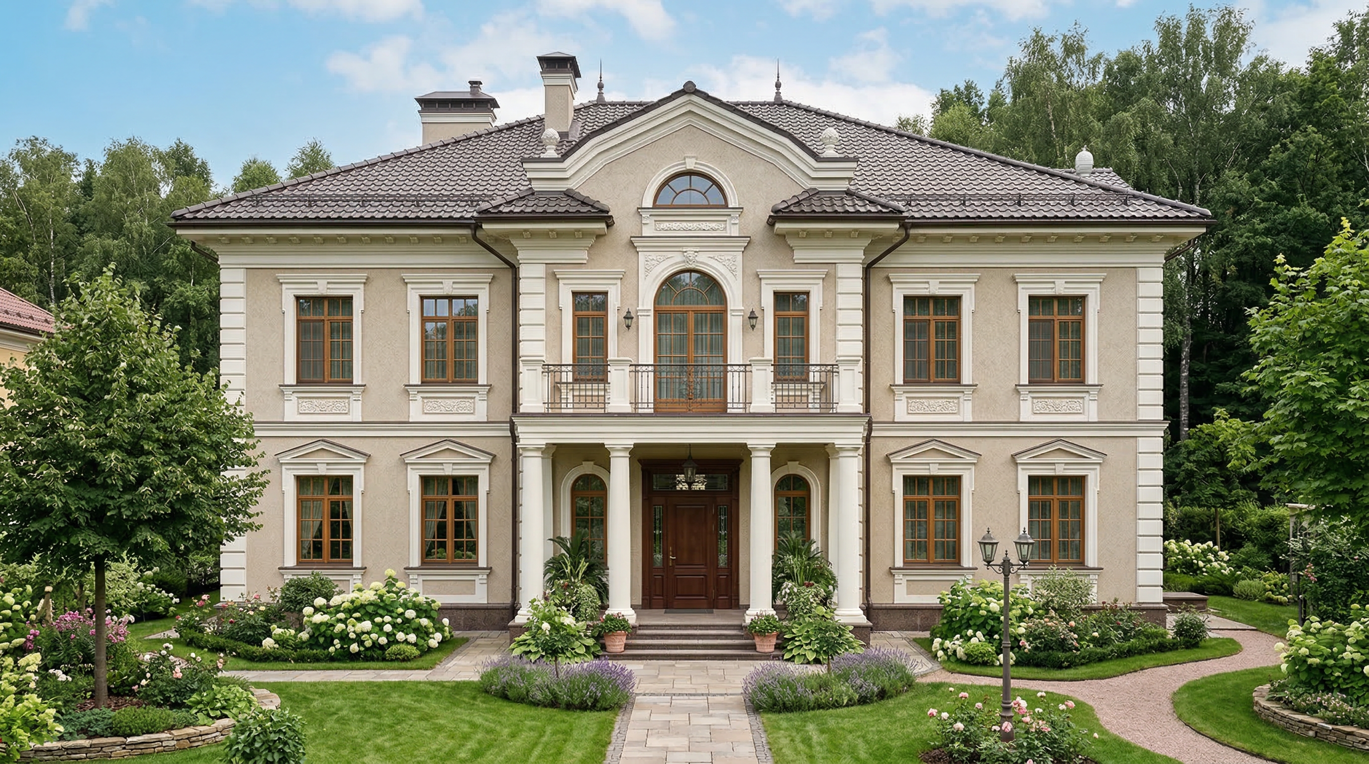 Дом в классическом стиле — симметричный фасад, молдинги, тёплая палитра
