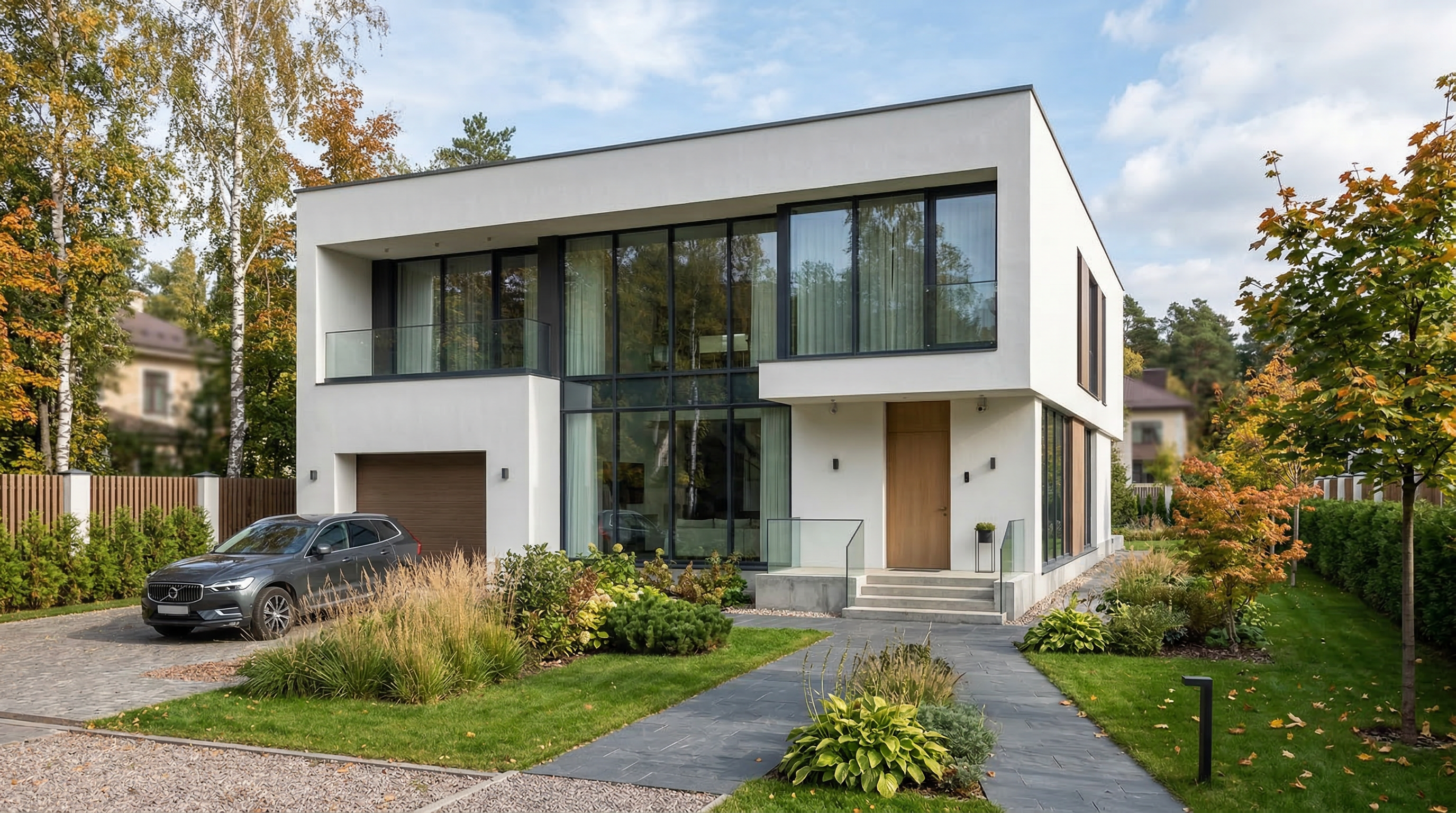 Дом в стиле минимализм — белые стены, панорамные окна, плоская кровля