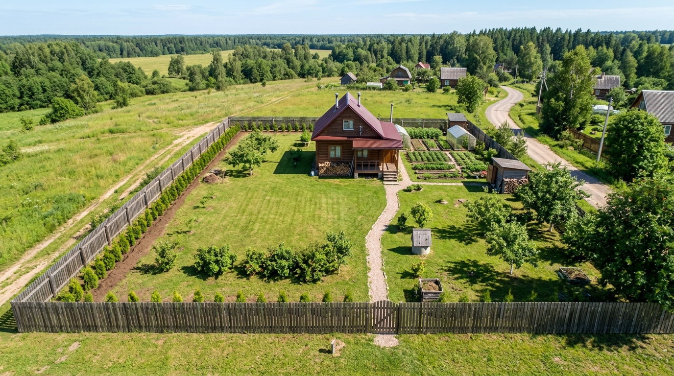 Молодой участок с однорядной живой изгородью из саженцев вдоль деревянного забора