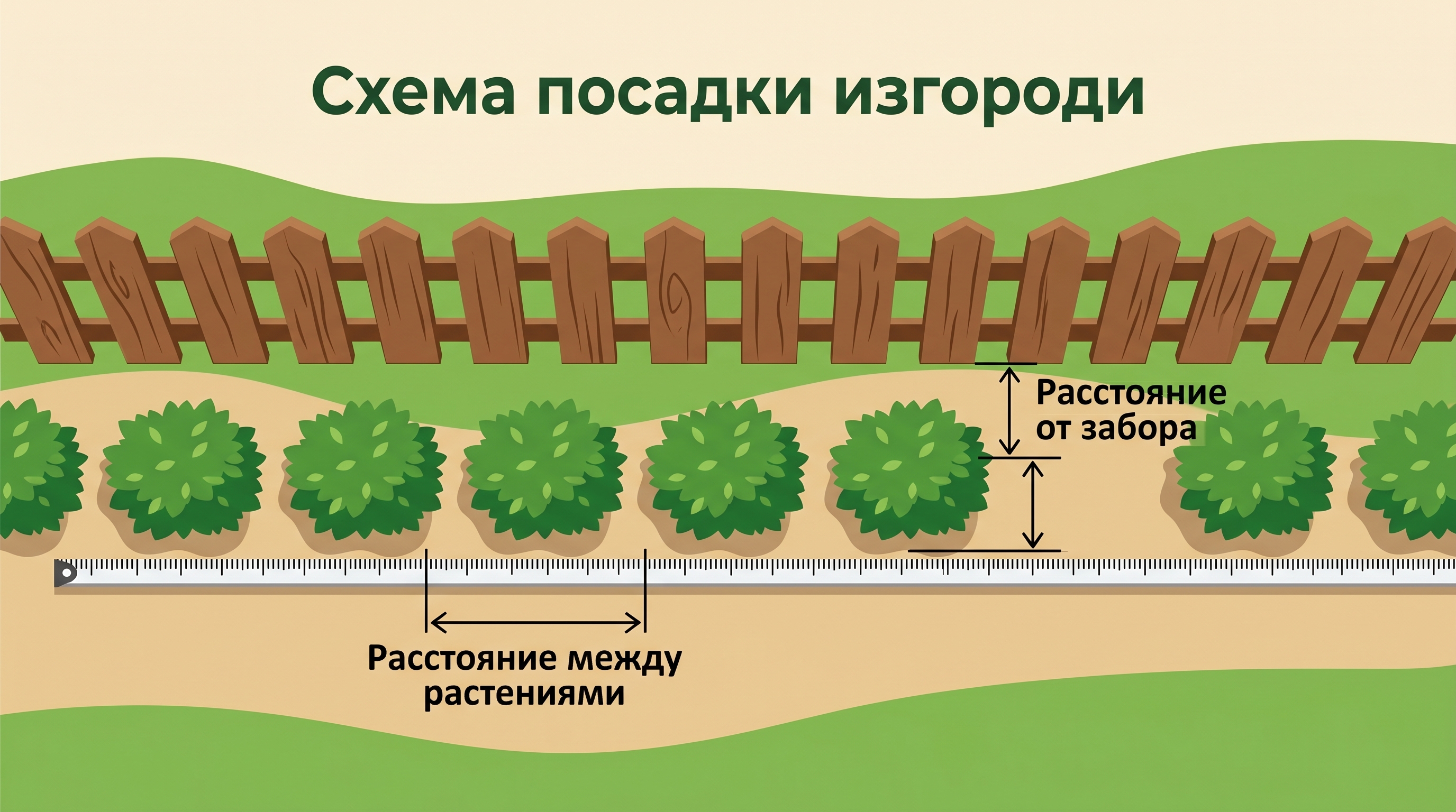 Схема посадки живой изгороди с указанием расстояний между растениями и от забора
