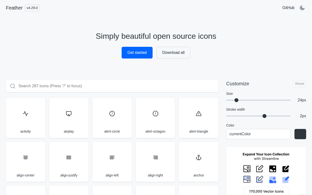 Скриншот Feather Icons