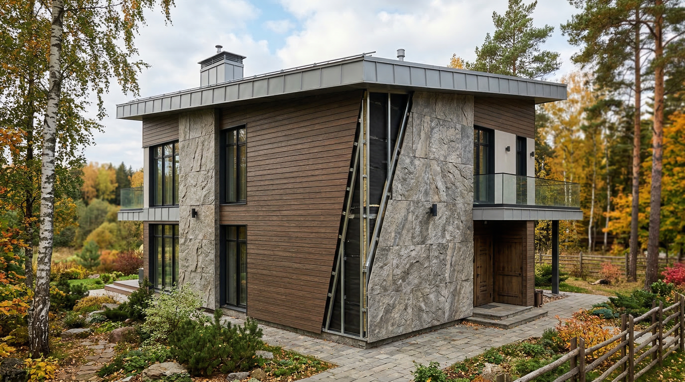 Дом с фасадом из фиброцементных панелей — имитация дерева и камня на вентилируемом фасаде