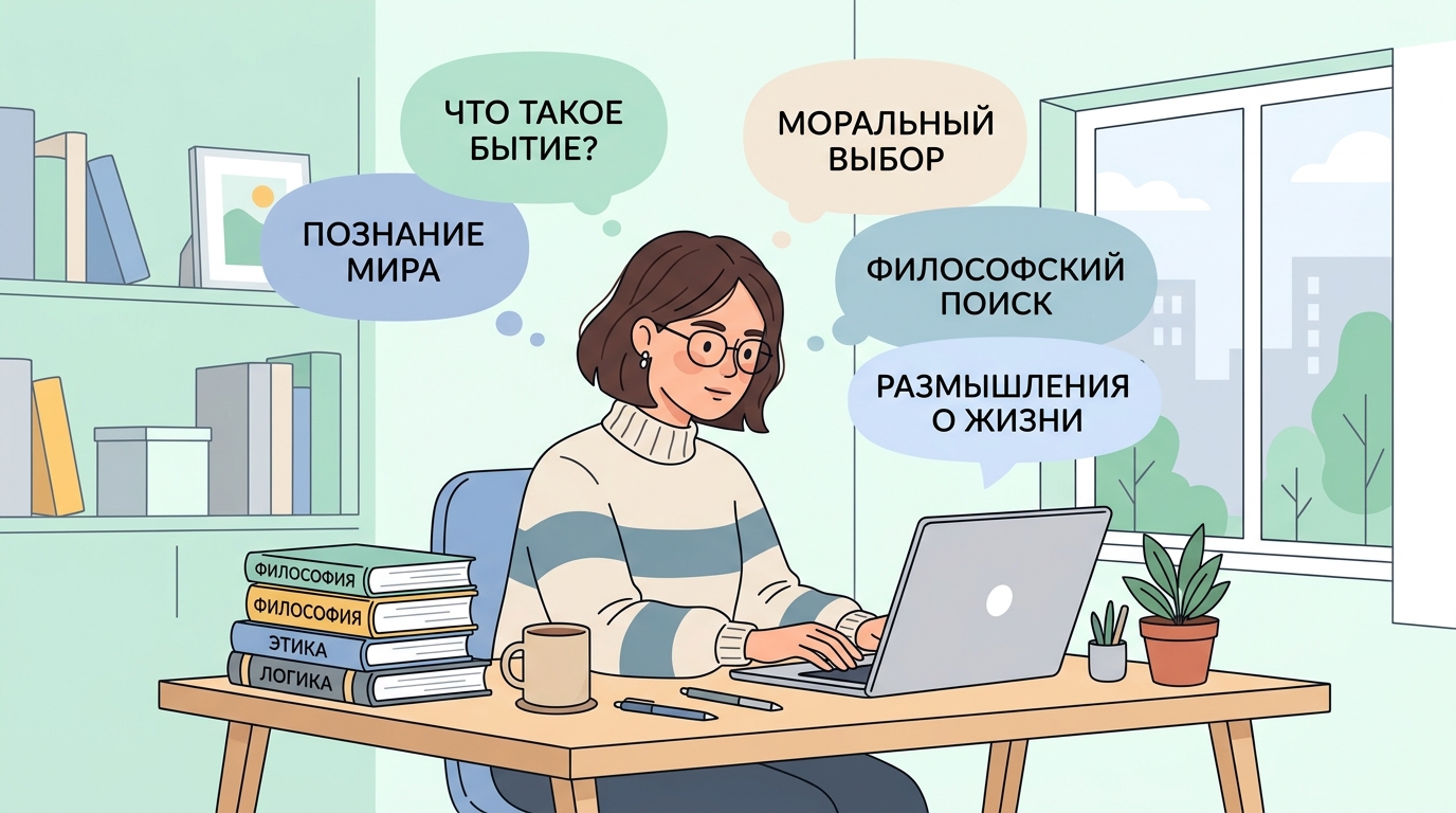 Студентка работает над курсовой по философии с помощью нейросети — на экране ноутбука готовая работа