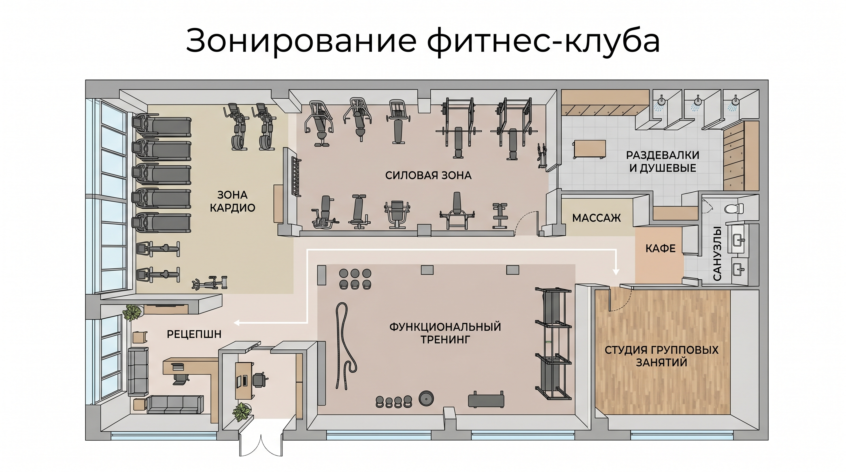 Схема зонирования фитнес-клуба: кардио, силовая, функциональный тренинг, групповые, раздевалки, ресепшн