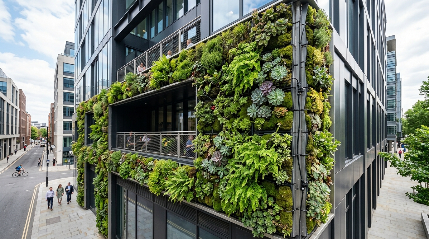Модульная фитостена на фасаде современного здания