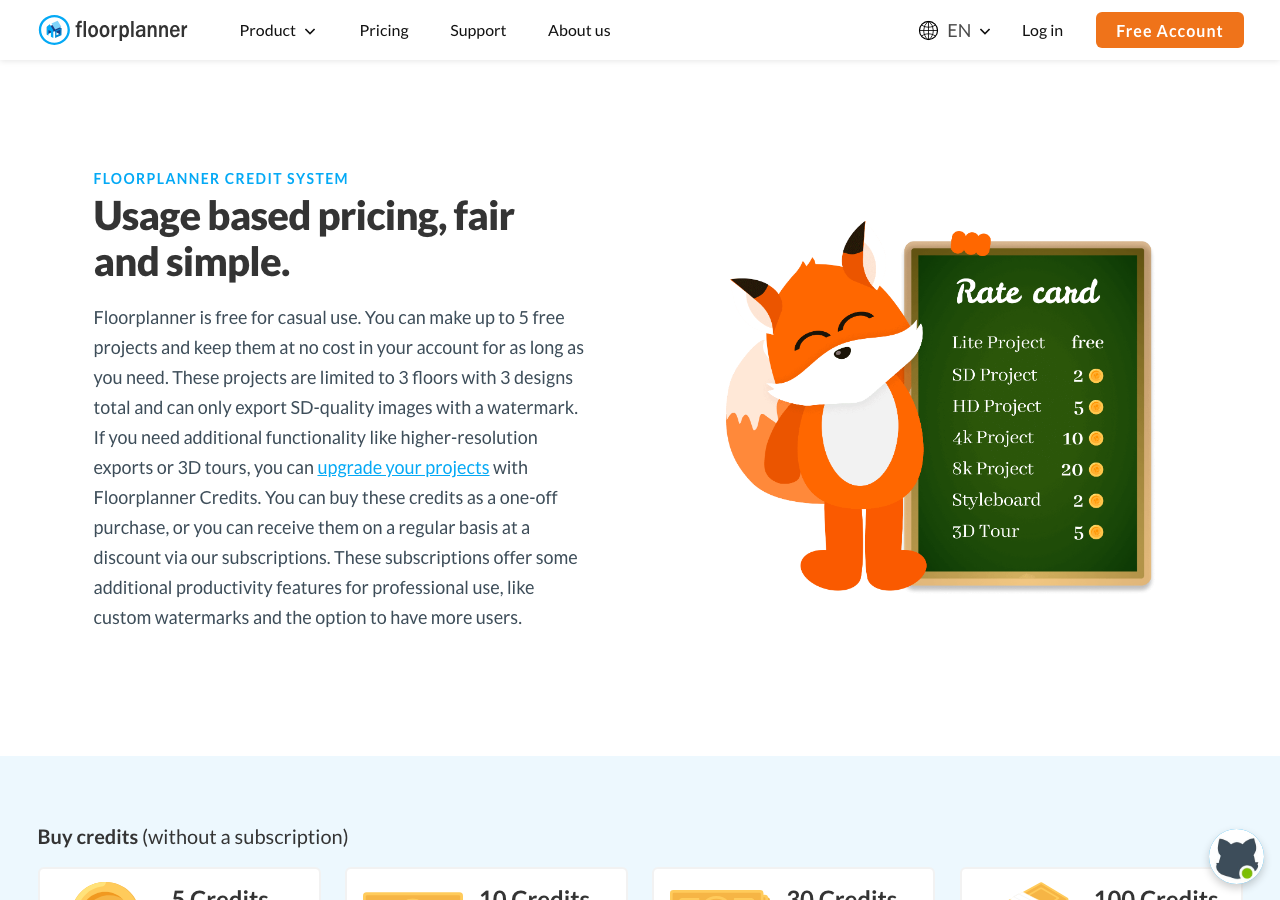 Страница тарифов Floorplanner — Usage based pricing с описанием кредитов и подписок