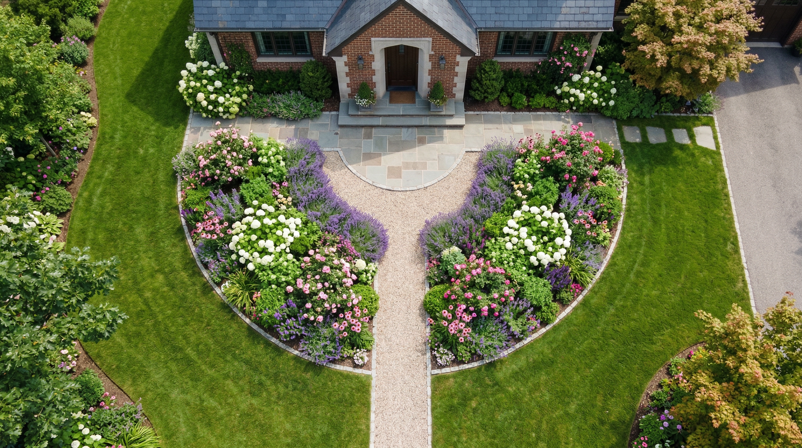 Полукруглая клумба перед входом в дом — вид сверху