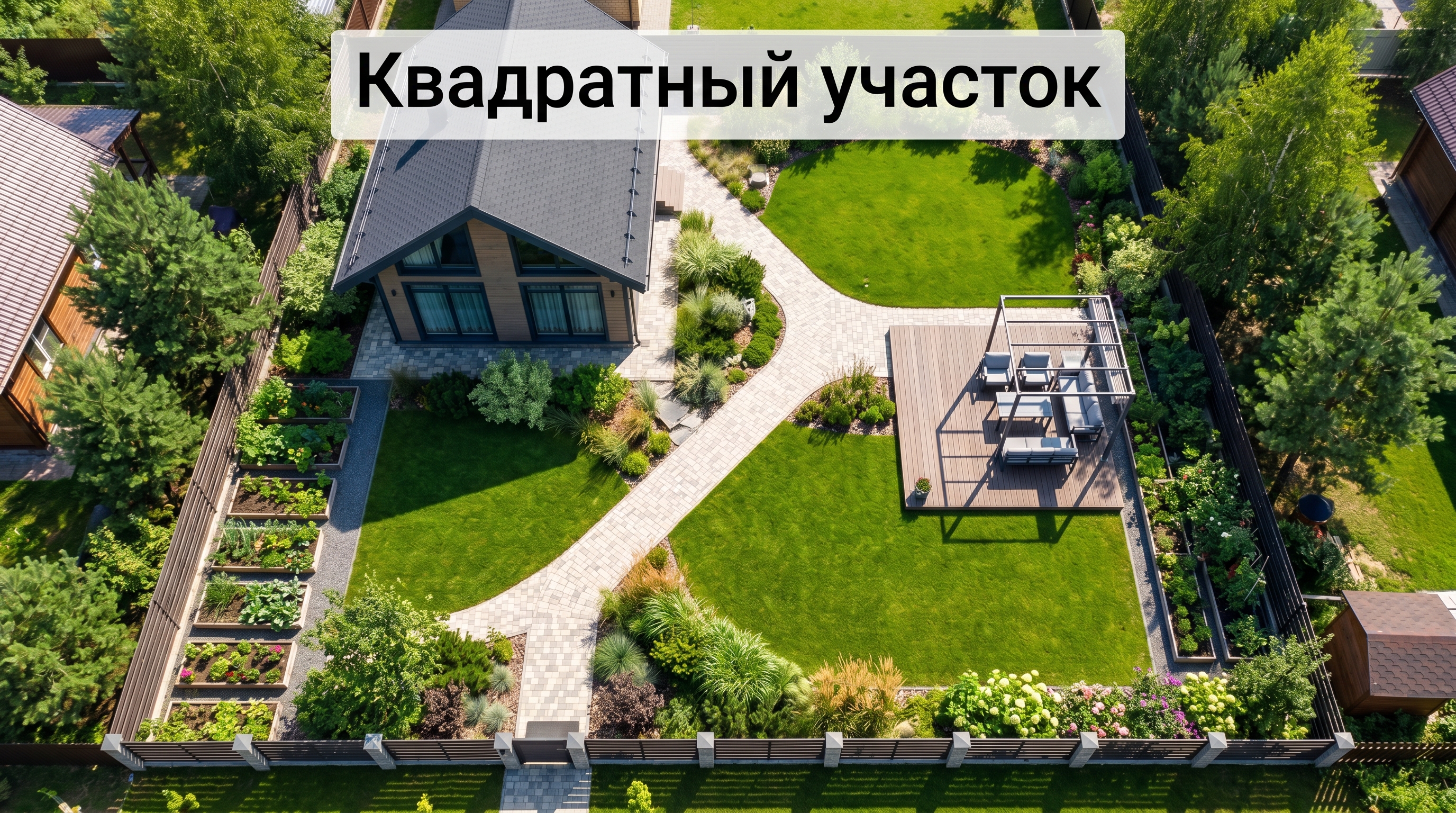 Планировка квадратного участка — дом в углу, диагональная композиция