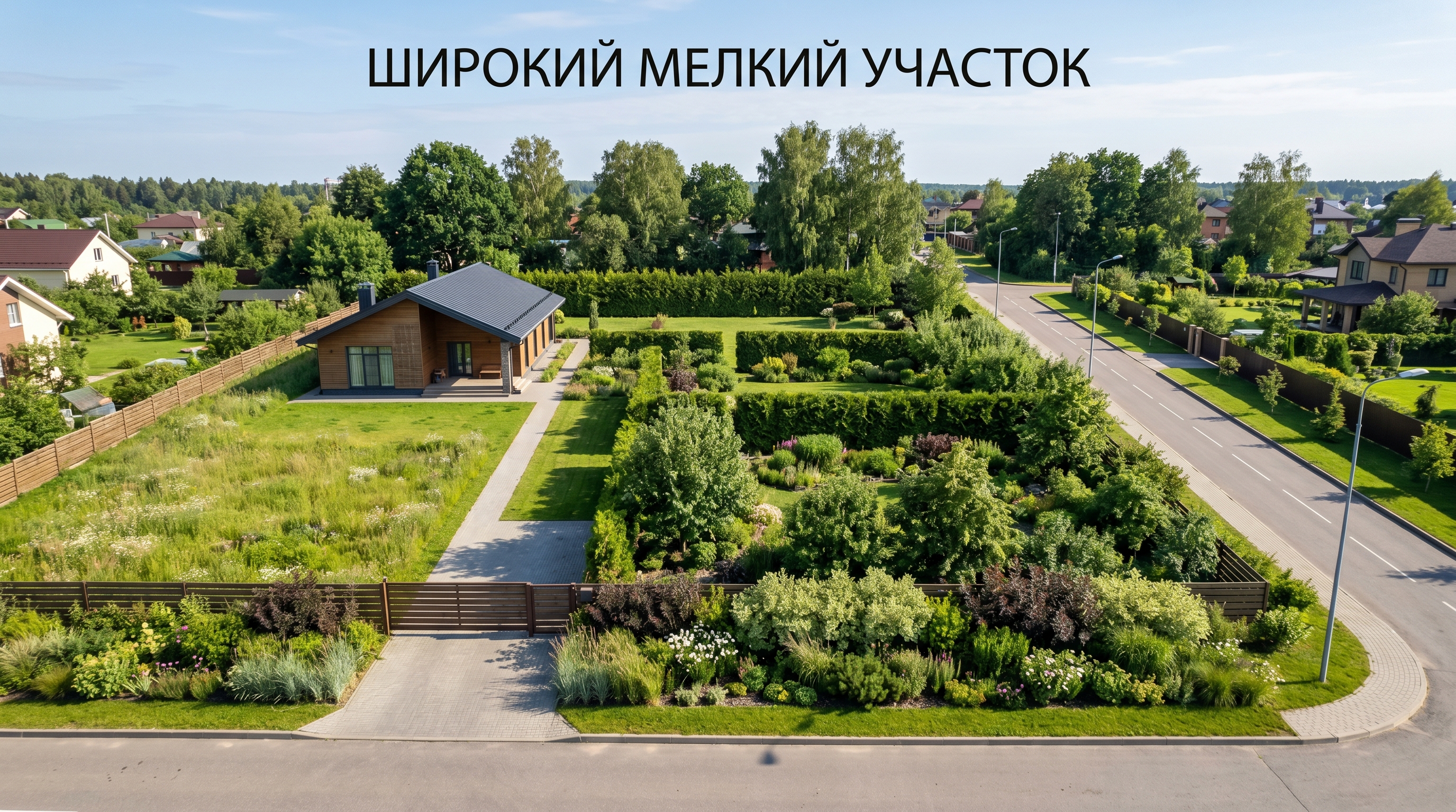 Планировка широкого мелкого участка — дом сбоку, многослойные посадки