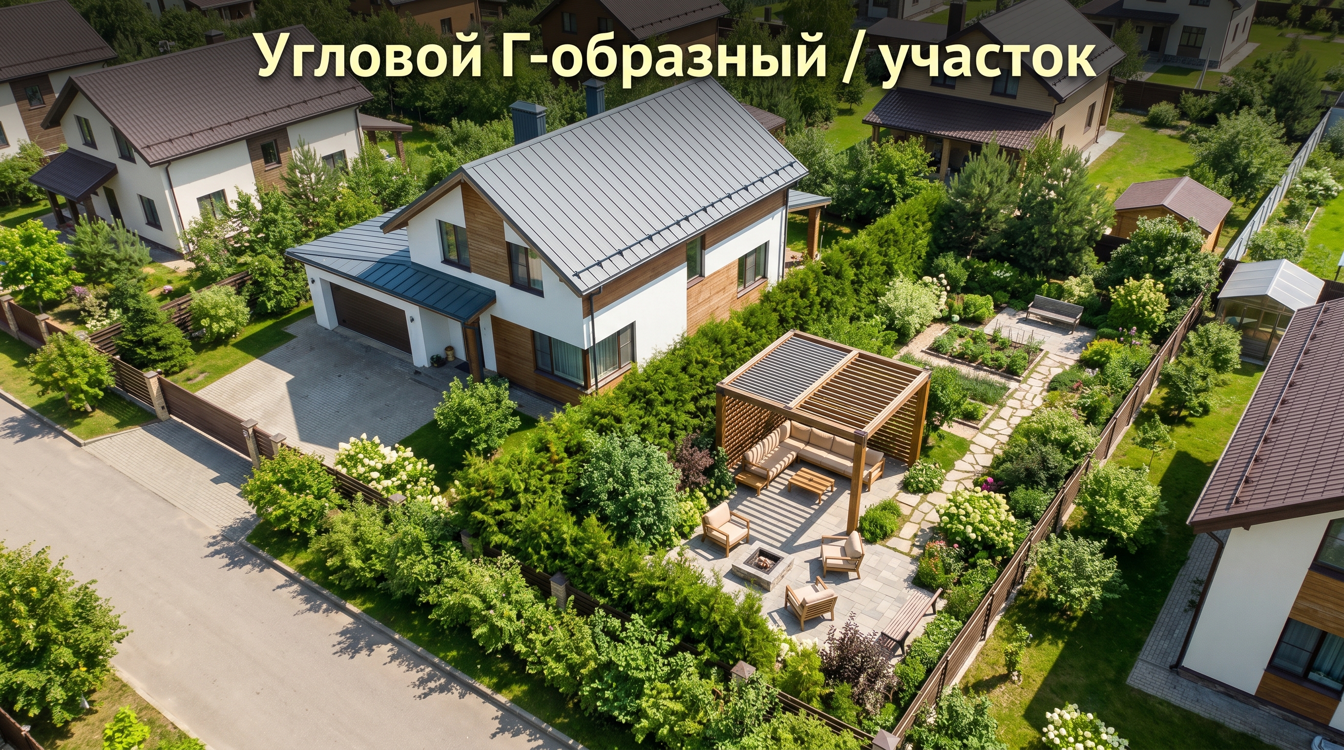 Планировка углового Г-образного участка — уединённая зона в крыле