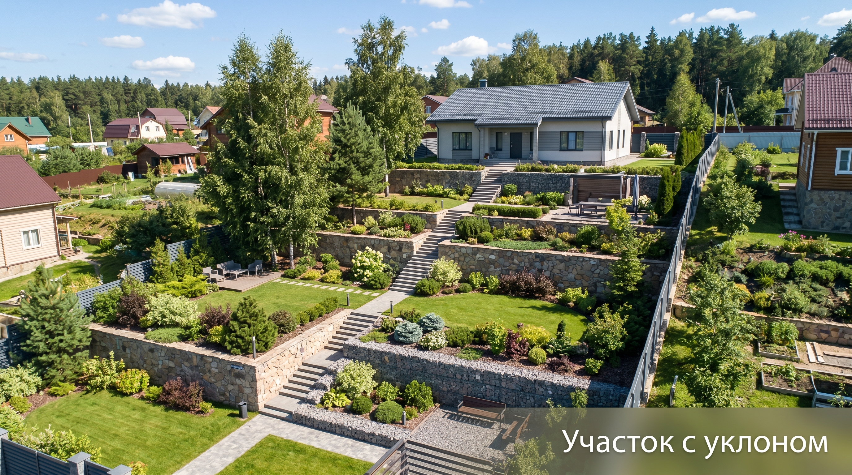 Планировка участка с уклоном — террасирование с подпорными стенками