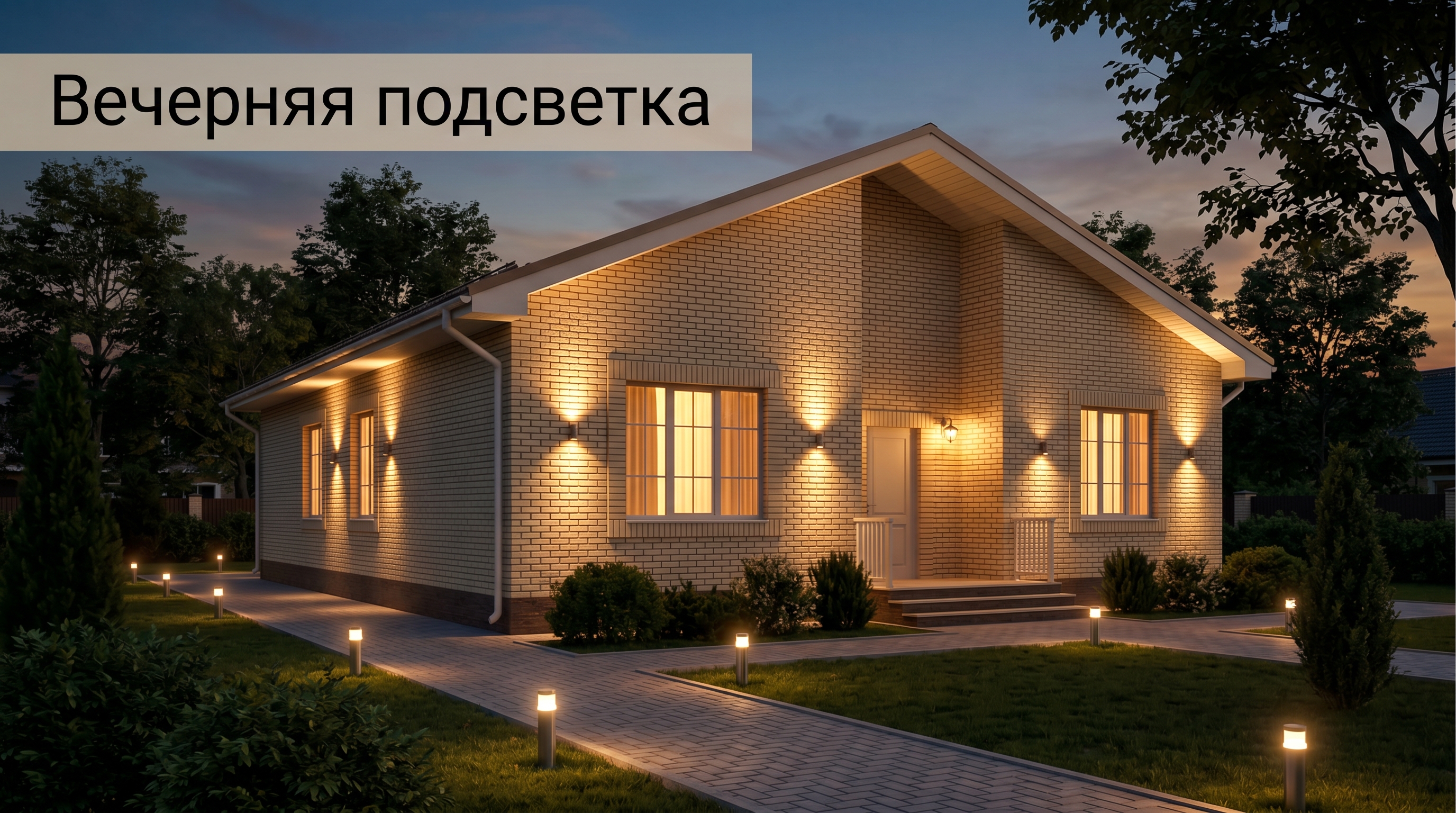 Вечерняя архитектурная подсветка фасада дома