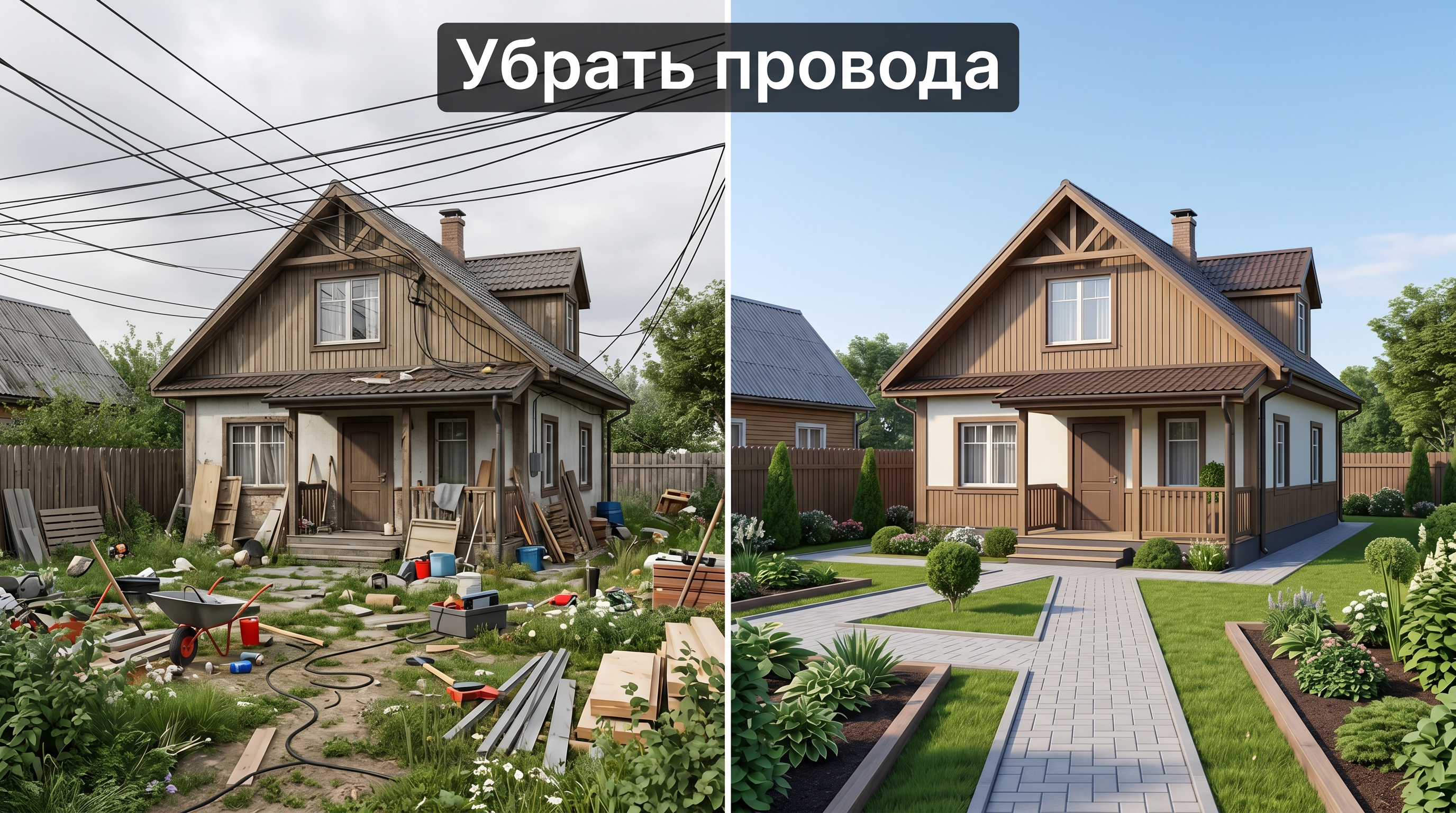 Убрать провода и мусор с фото дома нейросетью — до и после