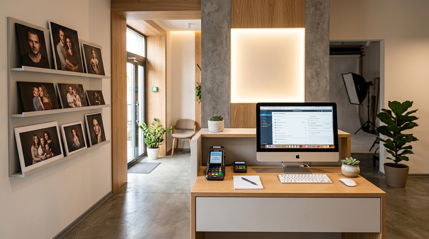 Зона 5 — reception: компактная стойка с подсвеченным логотипом