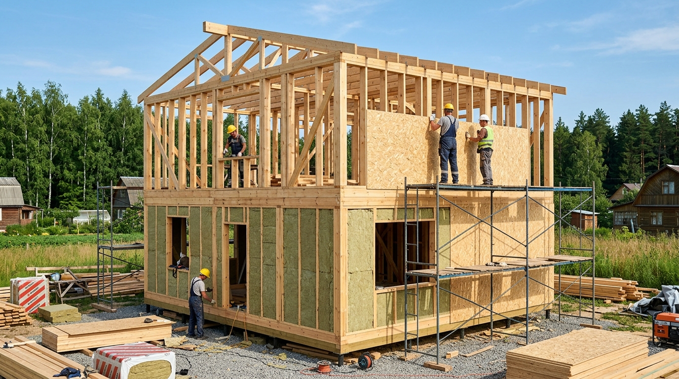 Стройка каркасного дома: бригада собирает каркас и обшивает OSB