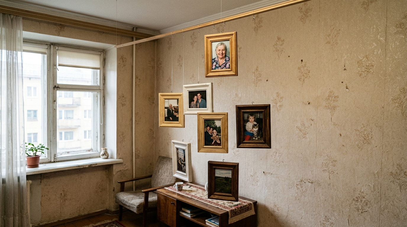 Галерея фоторамок на леске с потолочного карниза в квартире
