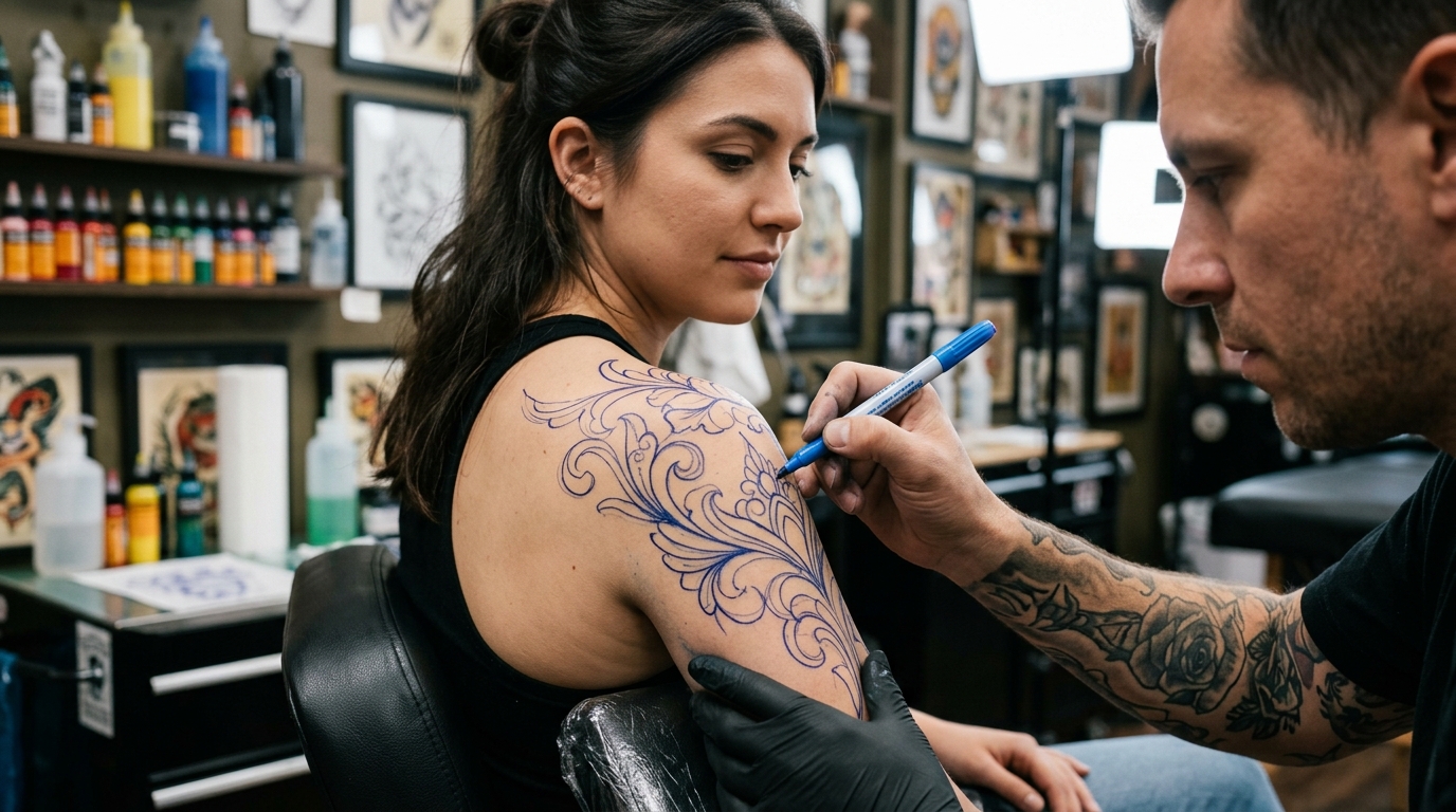 Тату-мастер рисует эскиз прямо на плече клиента синим маркером — фрихенд