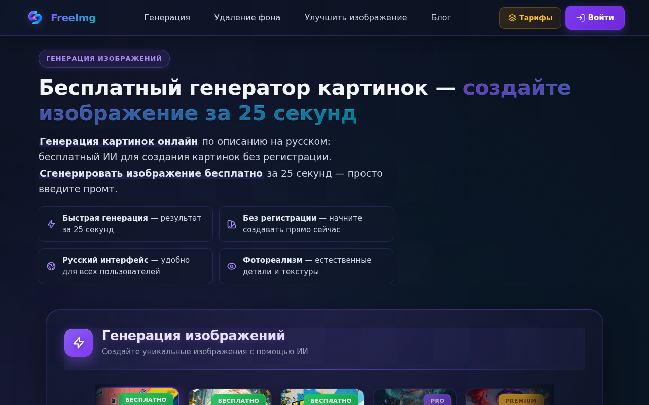 Скриншот главной страницы FreeImg — бесплатный ИИ-генератор картинок