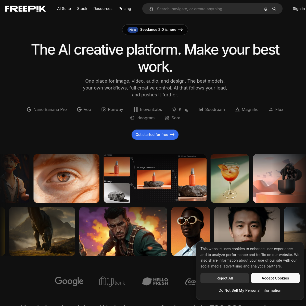 Скриншот Freepik — AI creative platform с векторами и иллюстрациями