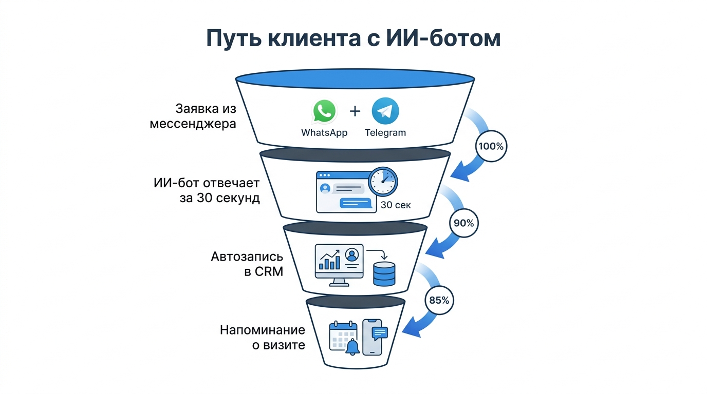 Инфографика: путь клиента с ИИ-ботом — от заявки до напоминания о визите